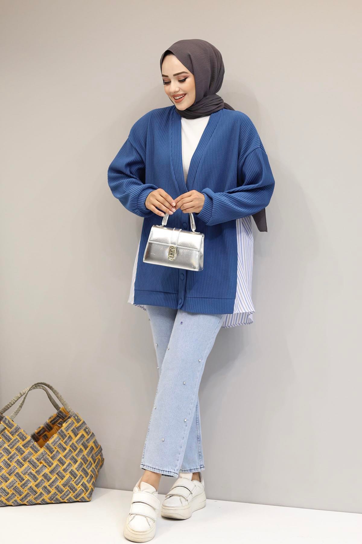 Arkası Gömlek Detaylı Oversize Fitilli Hırka-İNDİGO