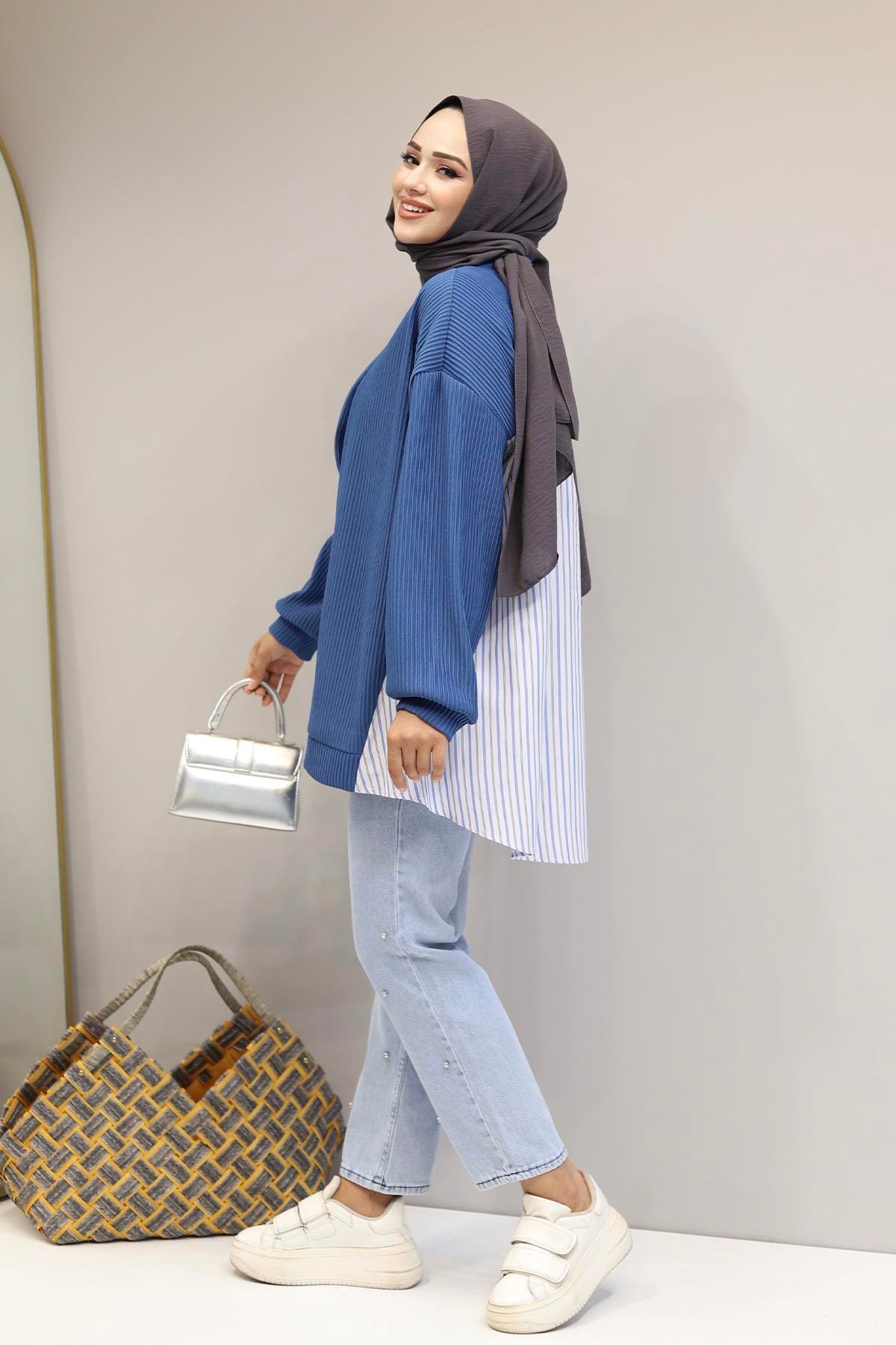 Arkası Gömlek Detaylı Oversize Fitilli Hırka-İNDİGO