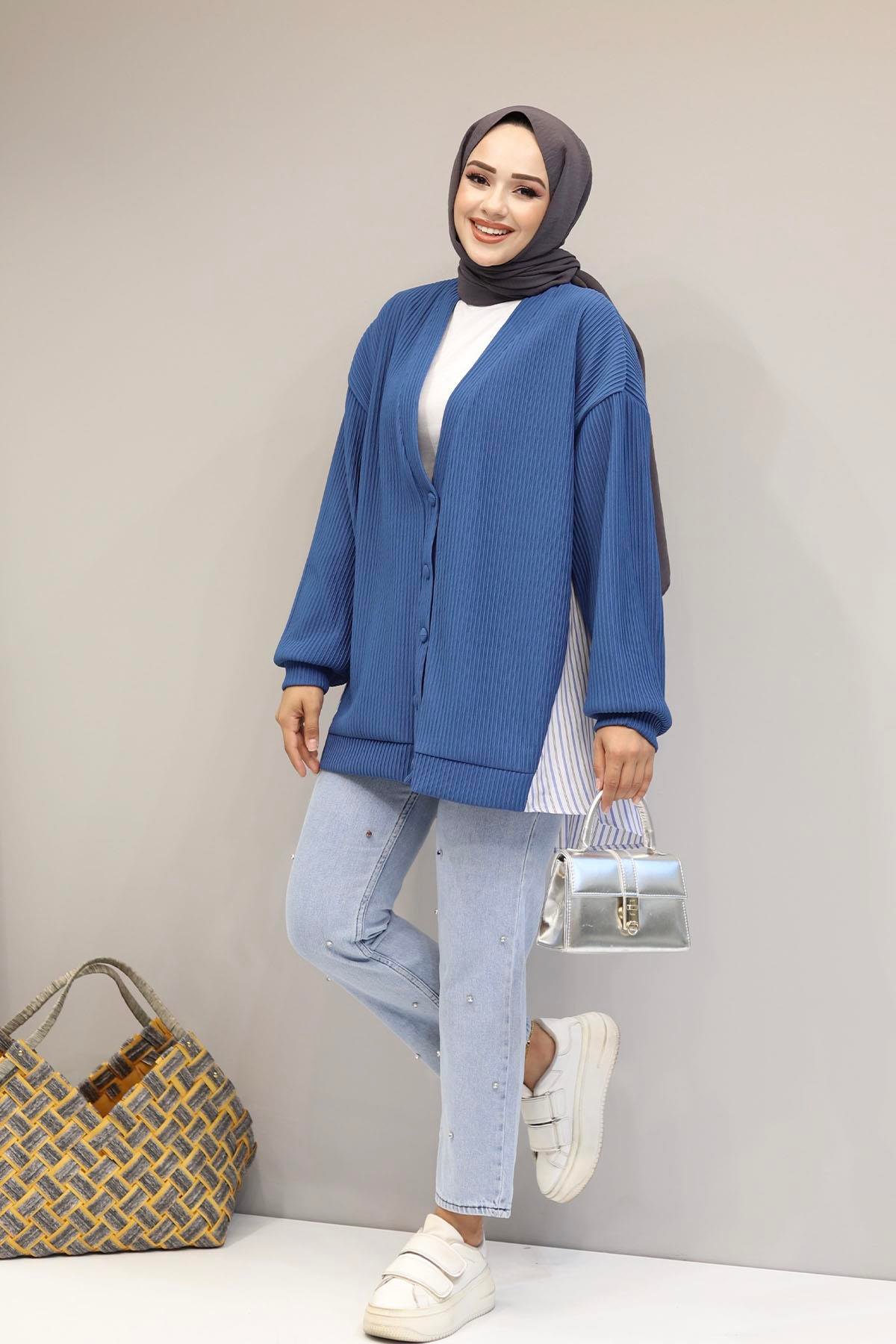 Arkası Gömlek Detaylı Oversize Fitilli Hırka-İNDİGO