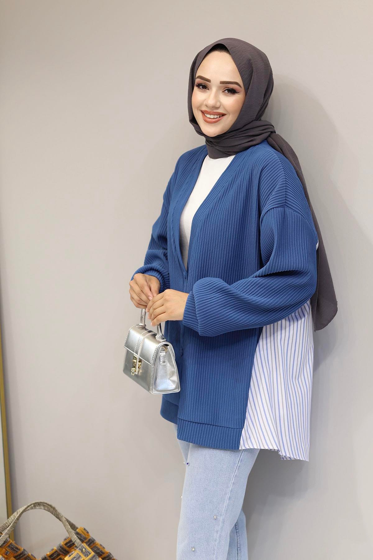 Arkası Gömlek Detaylı Oversize Fitilli Hırka-İNDİGO