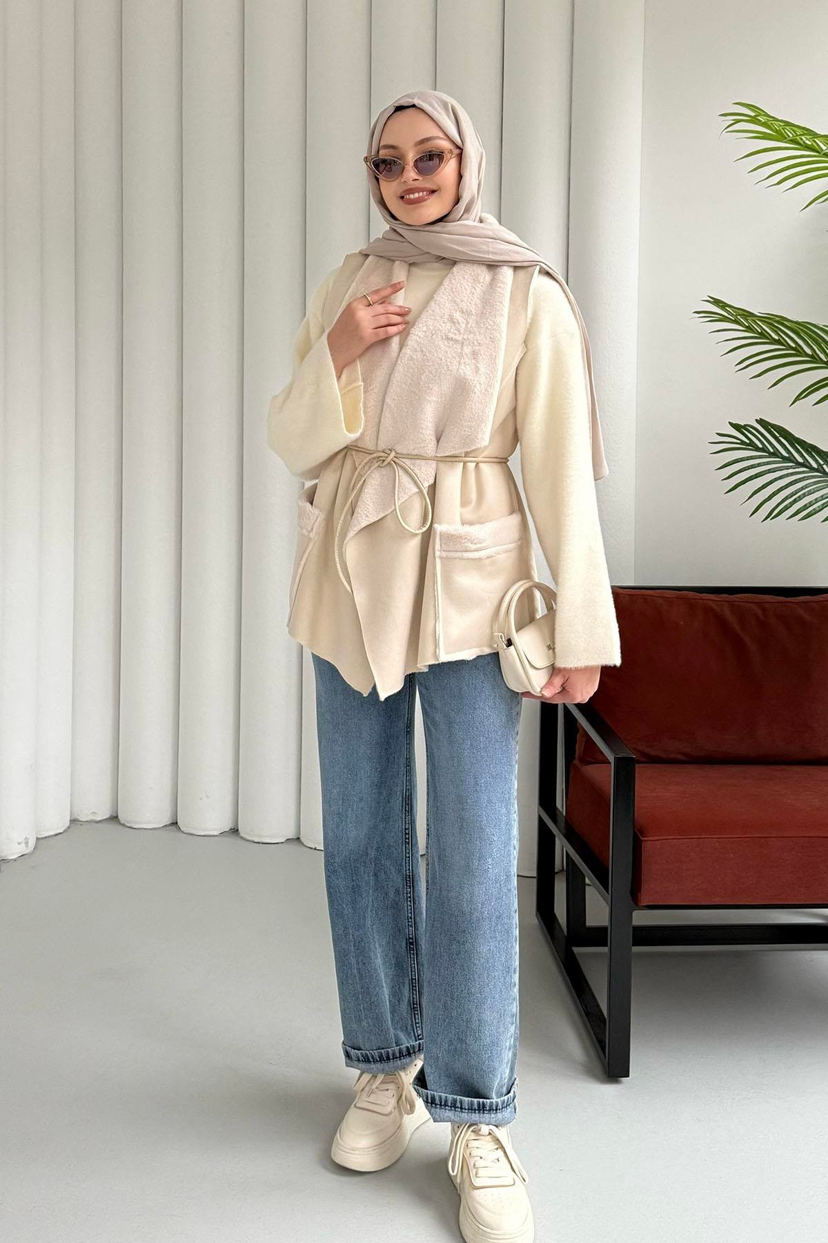 Asimetrik Kesim Keçe Kaşe Yelek-EKRU