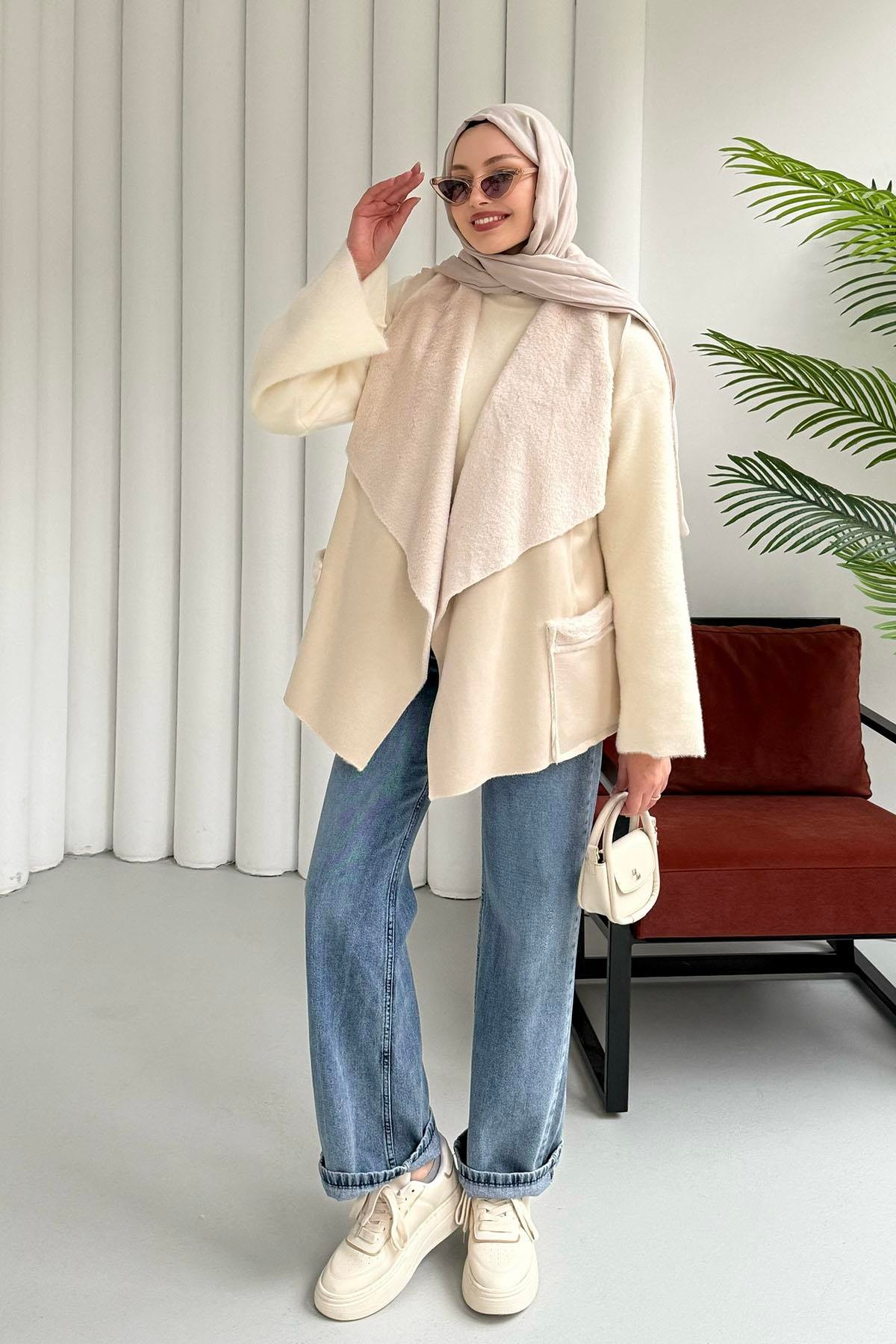 Asimetrik Kesim Keçe Kaşe Yelek-EKRU