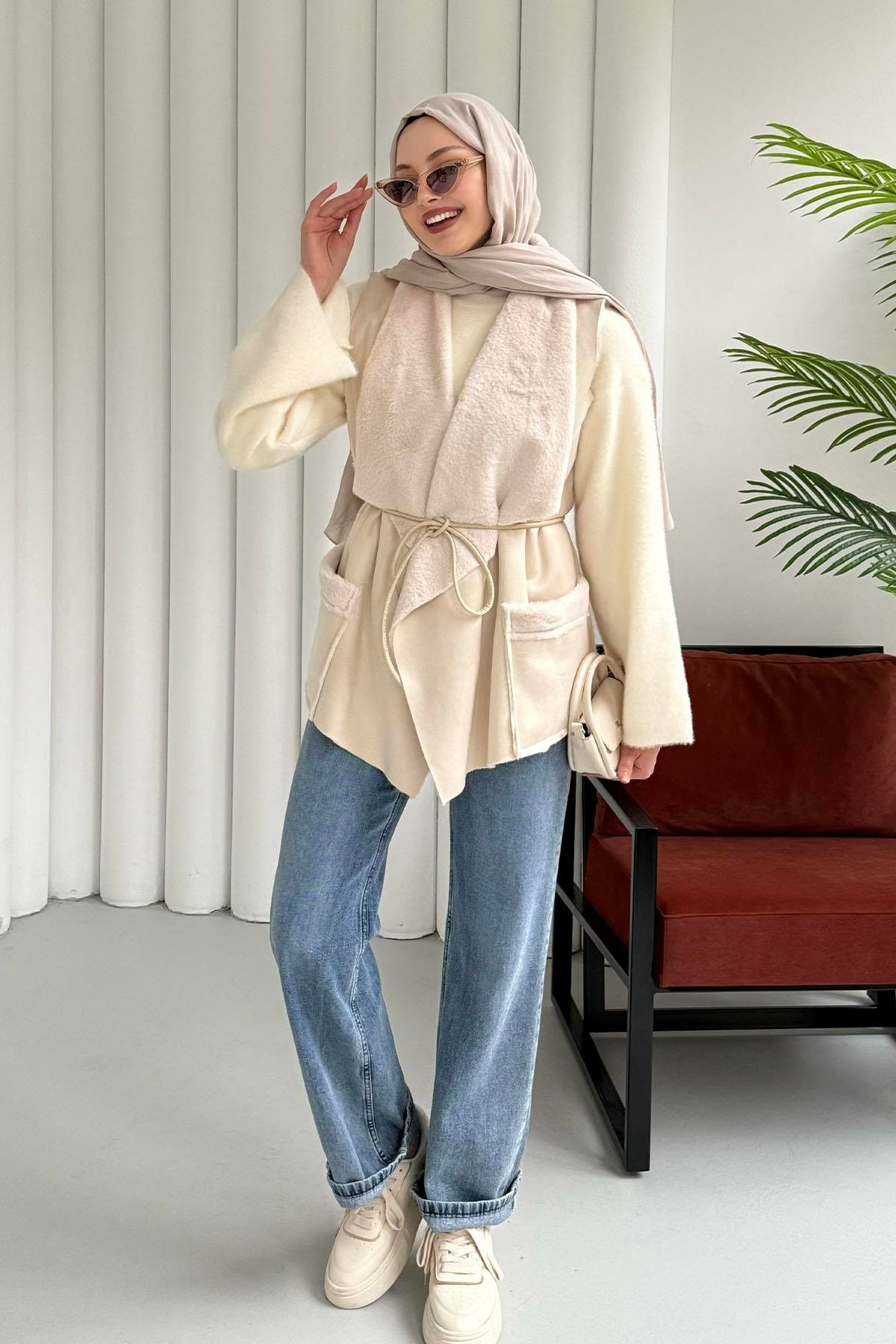 Asimetrik Kesim Keçe Kaşe Yelek-EKRU