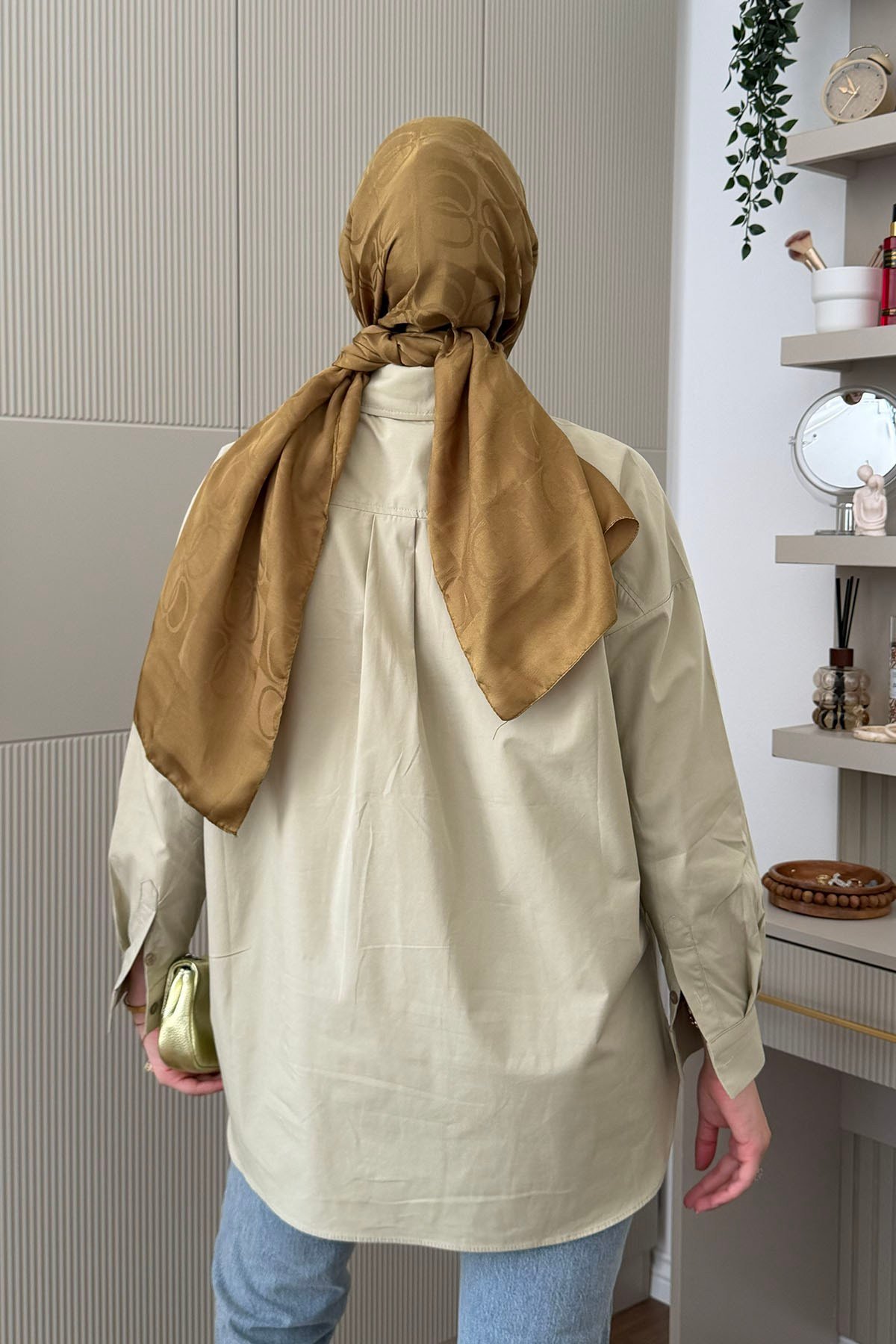 Asimetrik Kesim Oversize Poplin Gömlek-AÇIK HAKİ