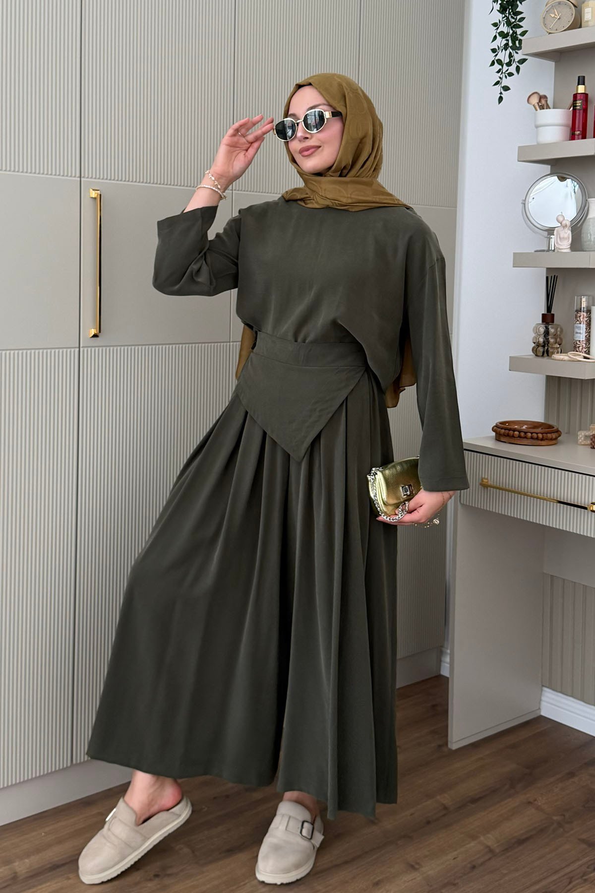 Asimetrik Kuşak Detaylı Tesettür Pantolon Takım-HAKİ YEŞİL