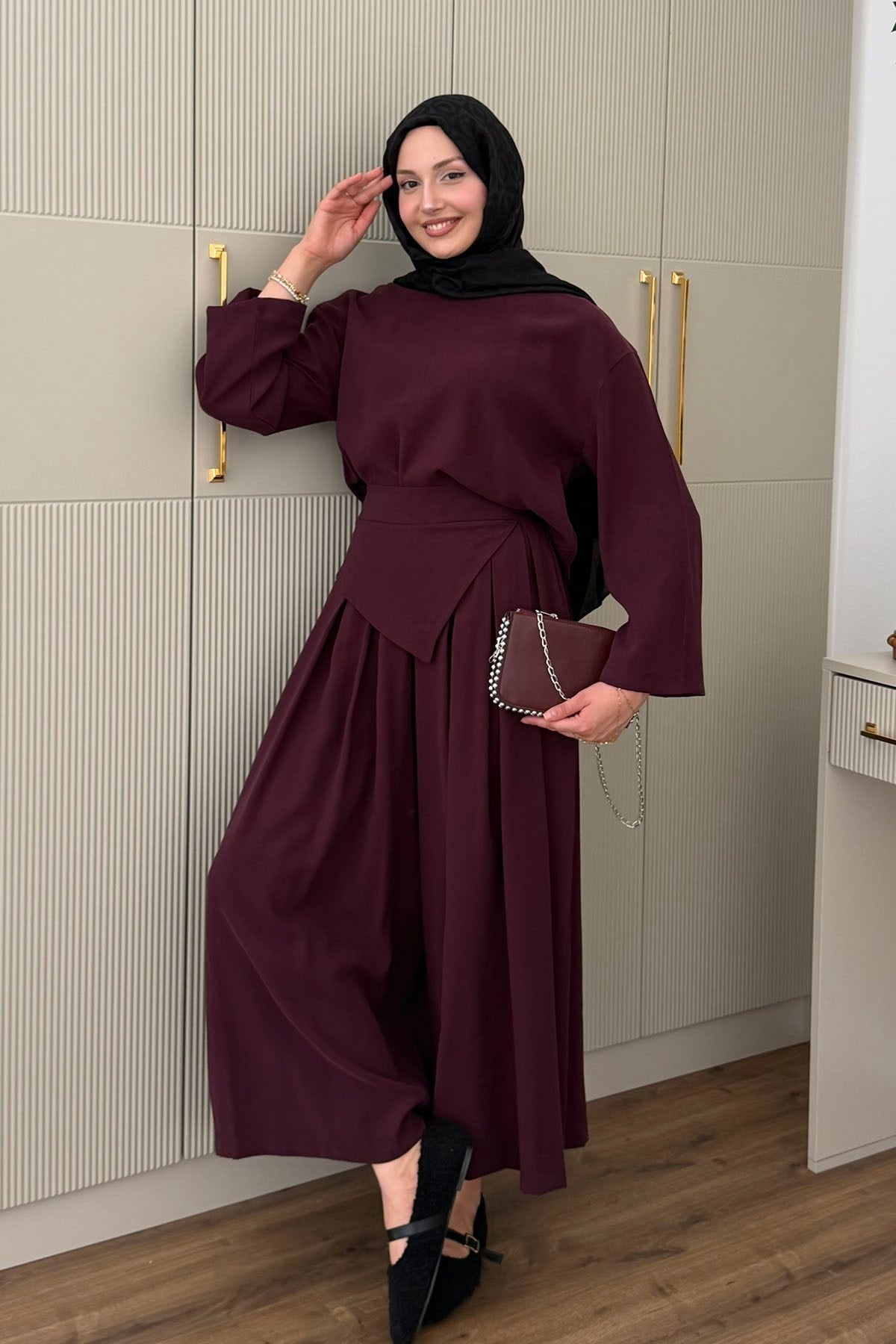 Asimetrik Kuşak Detaylı Tesettür Pantolon Takım-BORDO