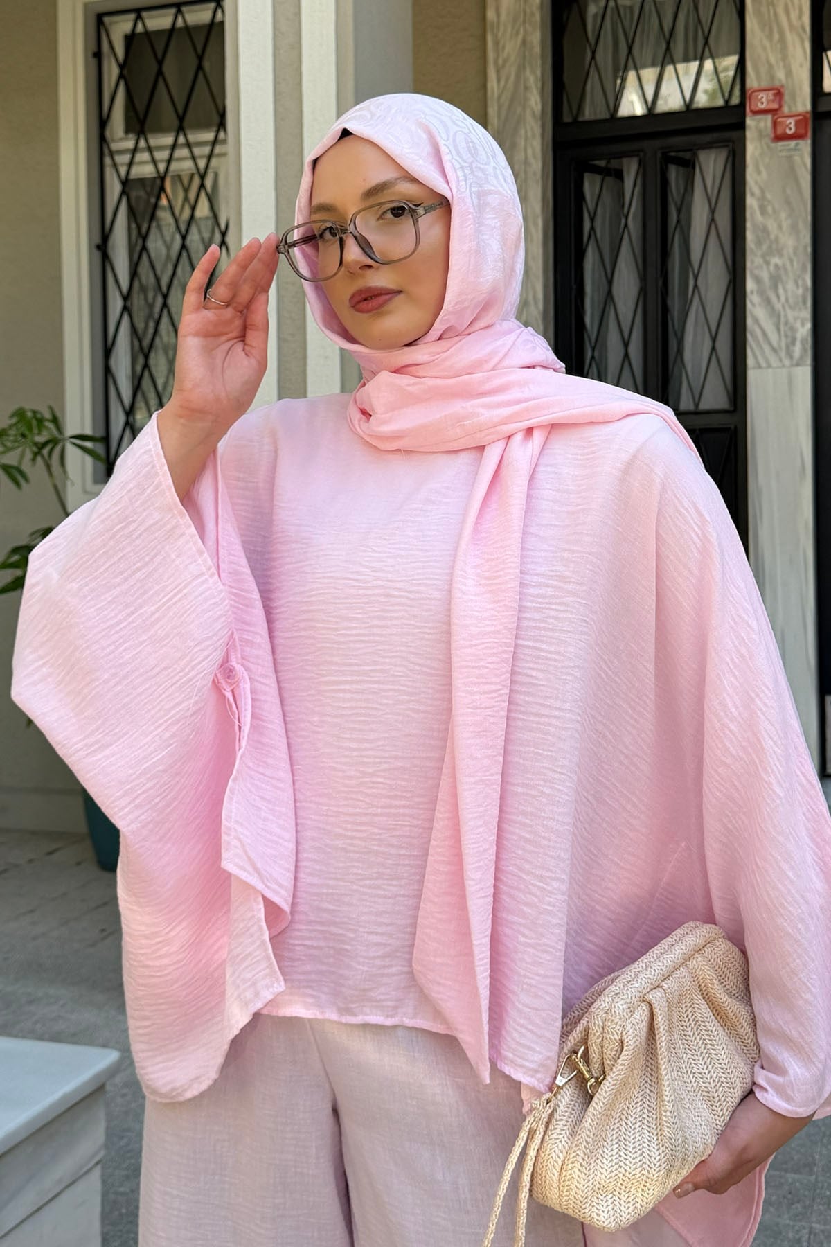 Asimetrik Yarasa Kol Bağlamalı Panço Pantolon Takım-PEMBE