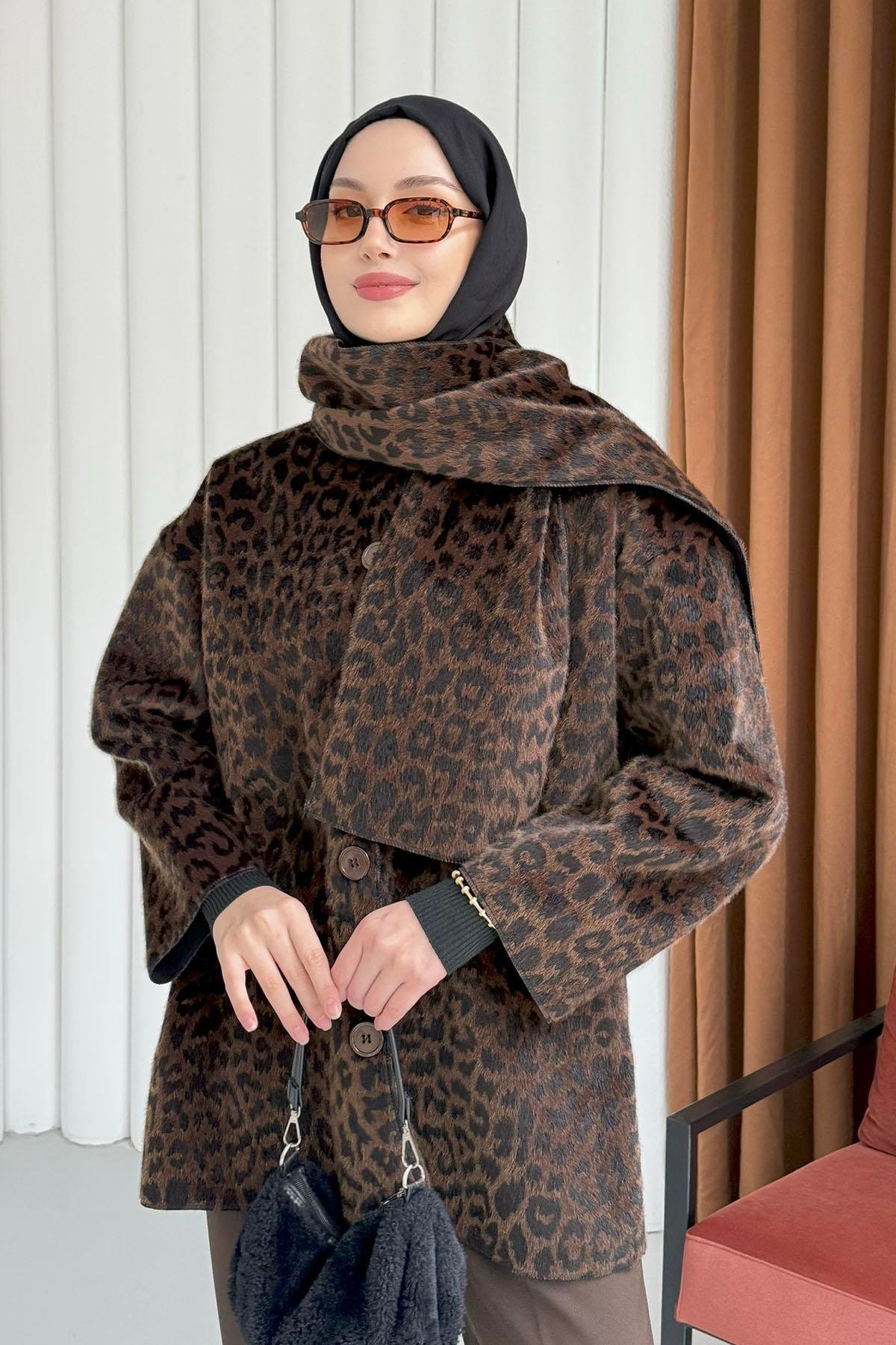 Atkılı Leopar Desen Ceket-KAHVERENGİ