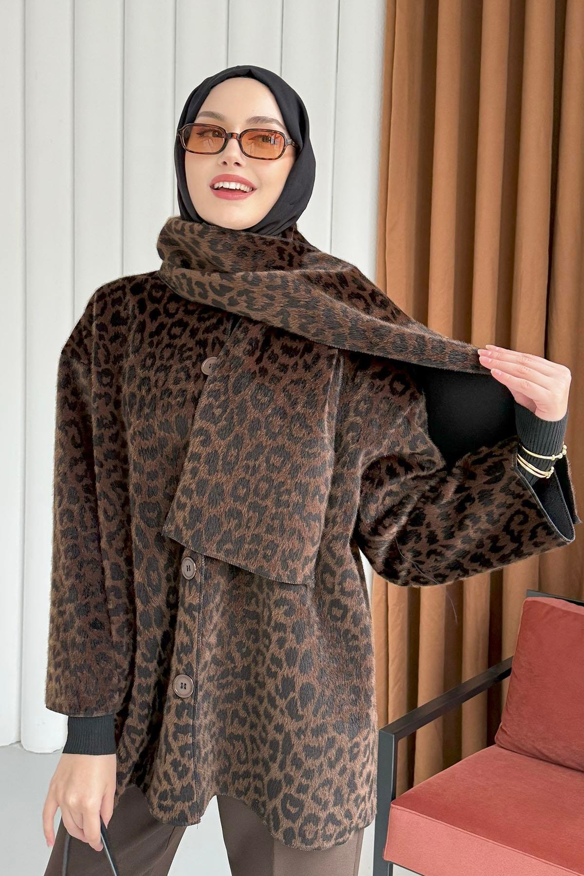 Atkılı Leopar Desen Ceket-KAHVERENGİ