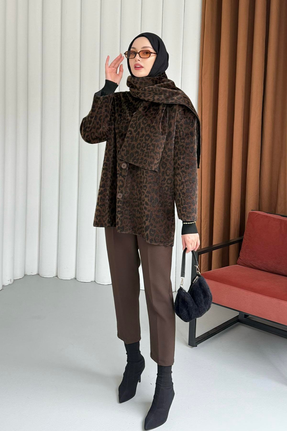 Atkılı Leopar Desen Ceket-KAHVERENGİ