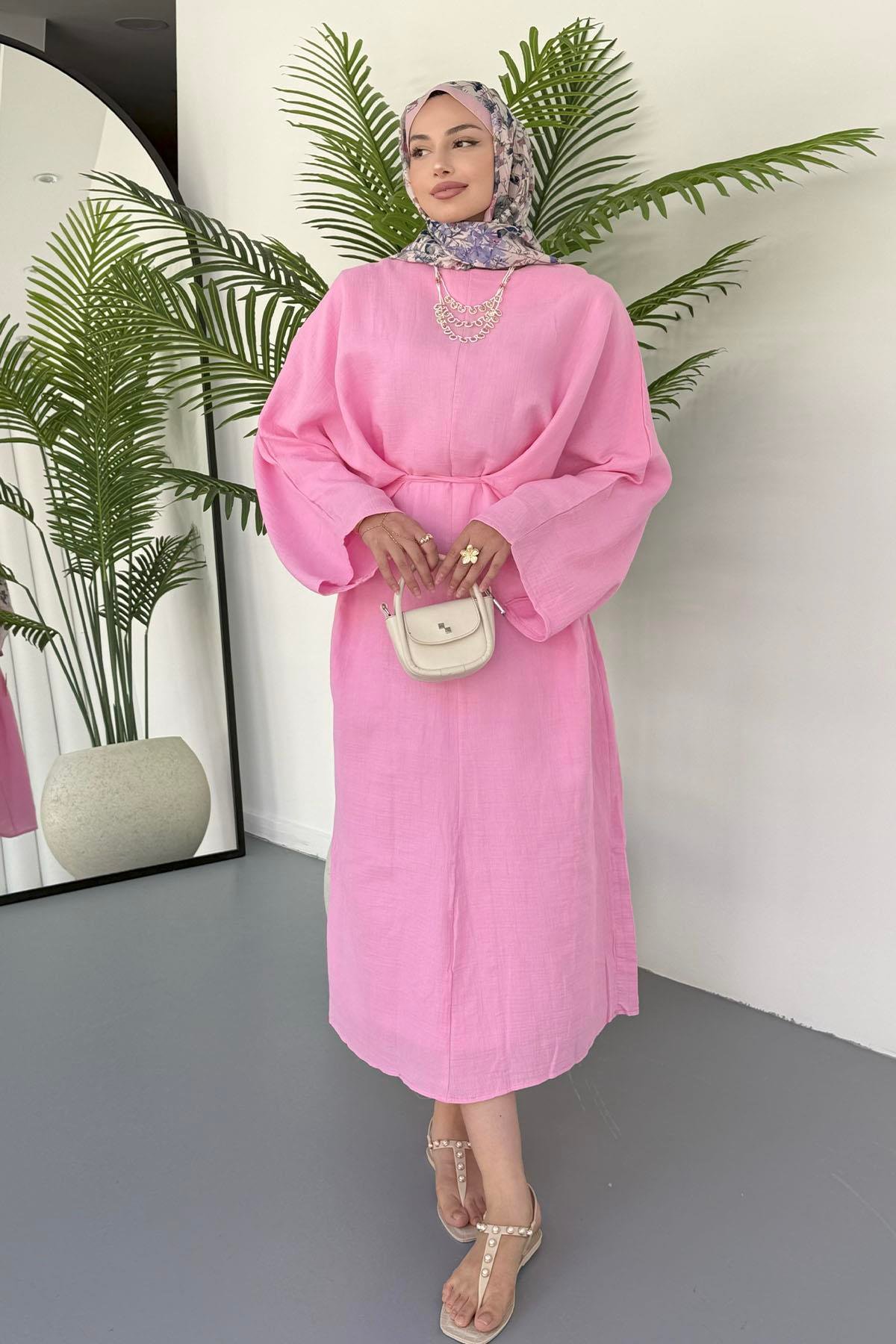 Bağçık Detaylı Oversize Tesettür Elbise-PEMBE
