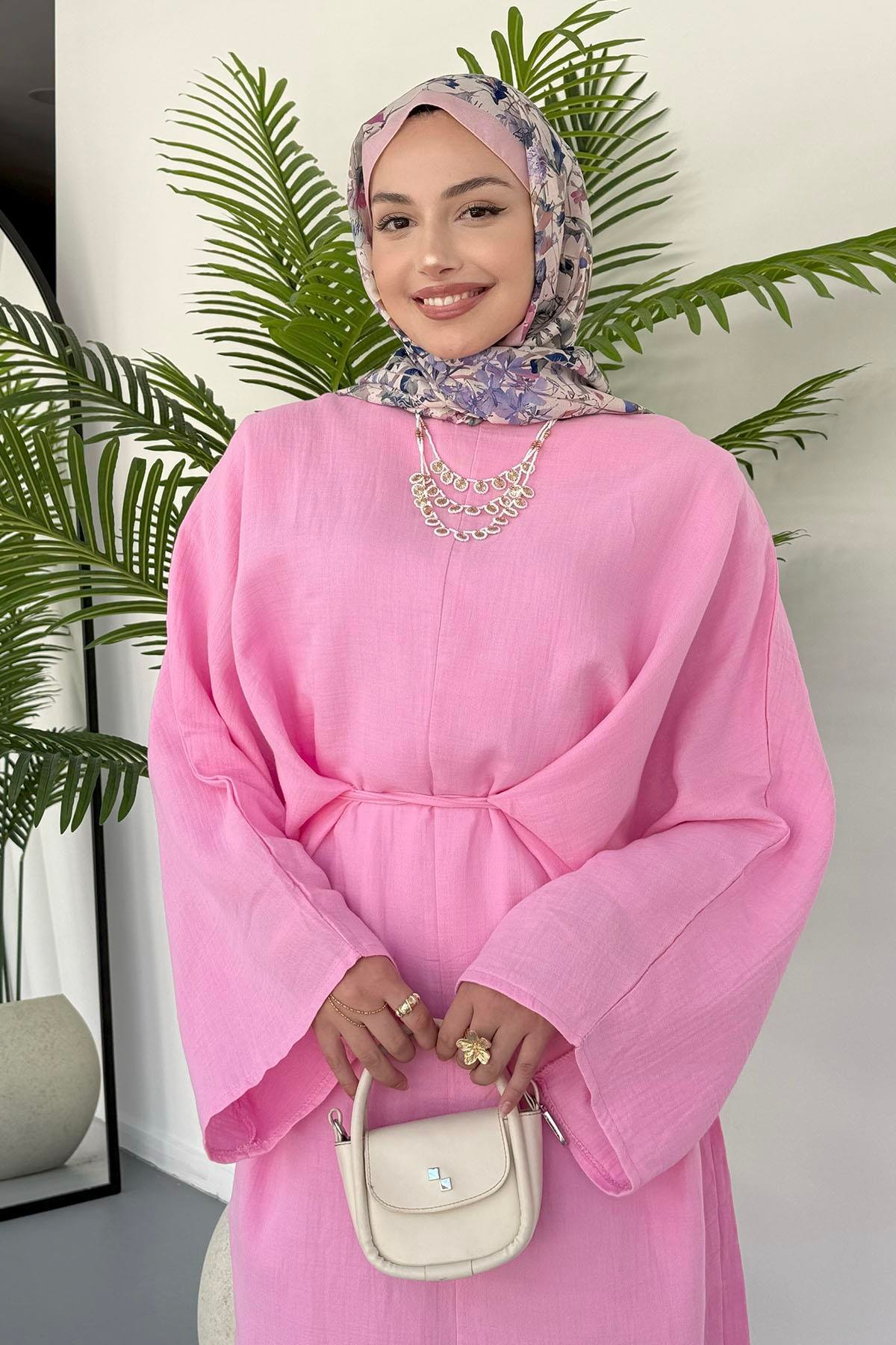 Bağçık Detaylı Oversize Tesettür Elbise-PEMBE