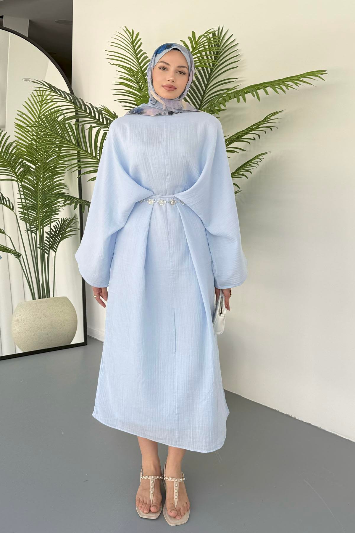 Bağçık Detaylı Oversize Tesettür Elbise-MAVİ