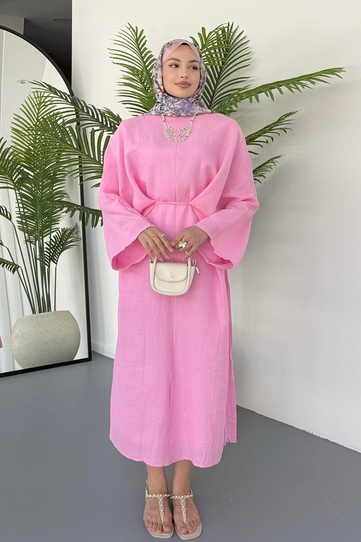 Bağçık Detaylı Oversize Tesettür Elbise-PEMBE