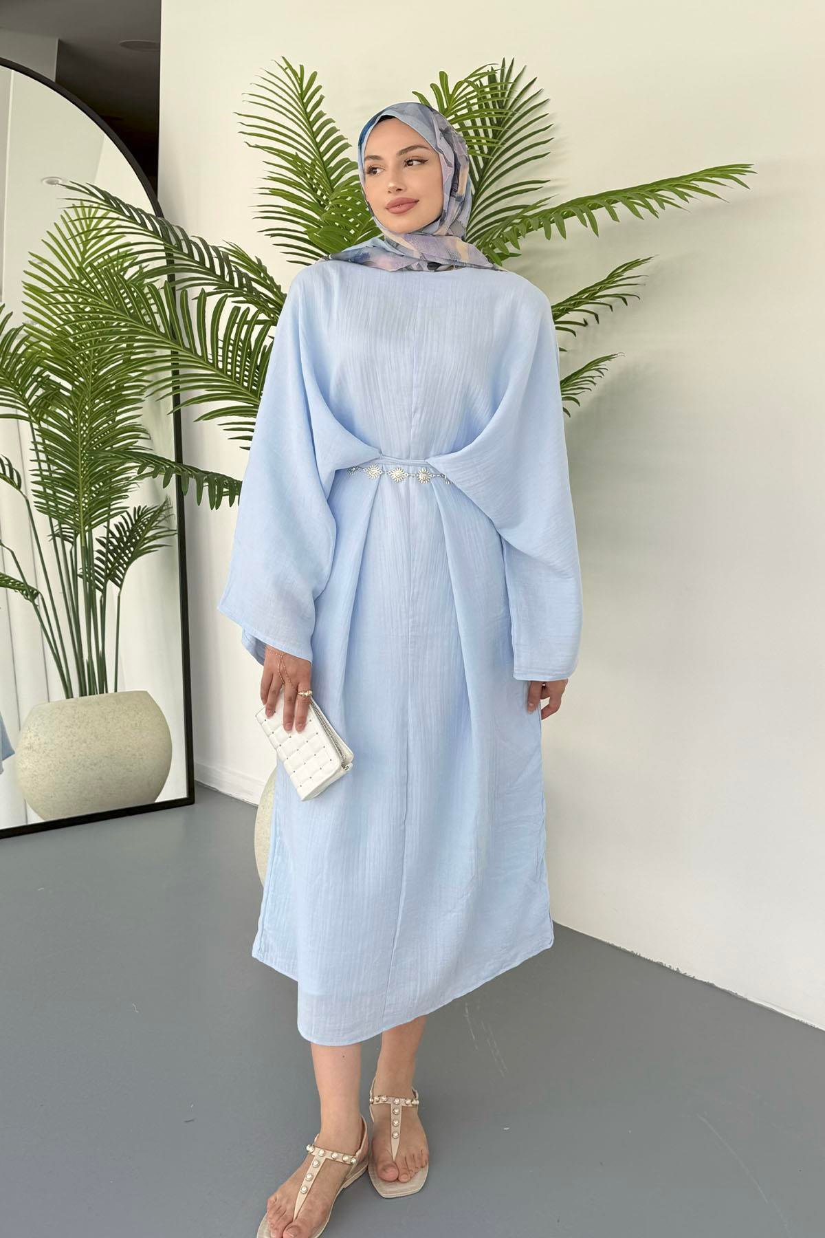 Bağçık Detaylı Oversize Tesettür Elbise-MAVİ