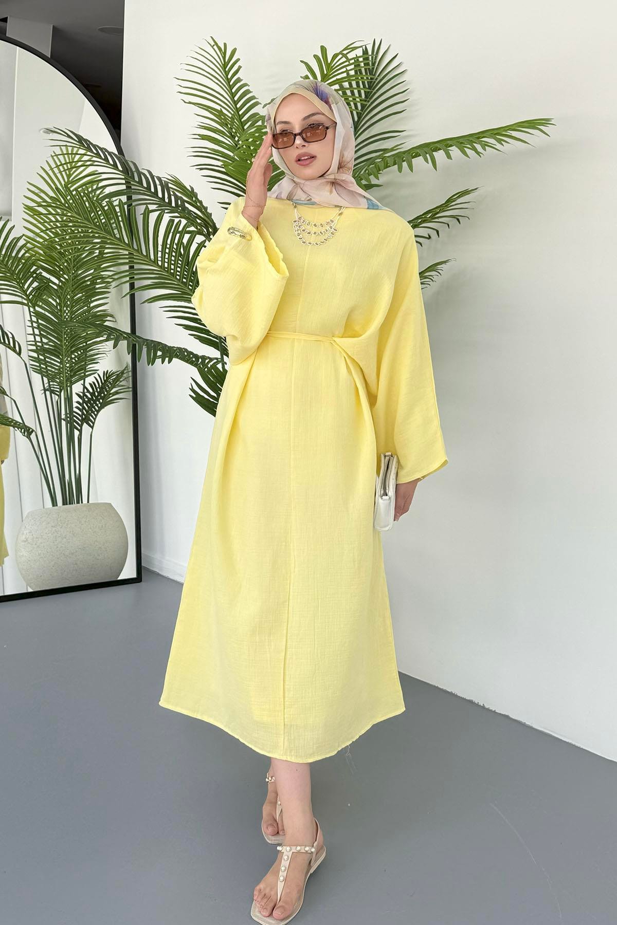 Bağçık Detaylı Oversize Tesettür Elbise-SARI