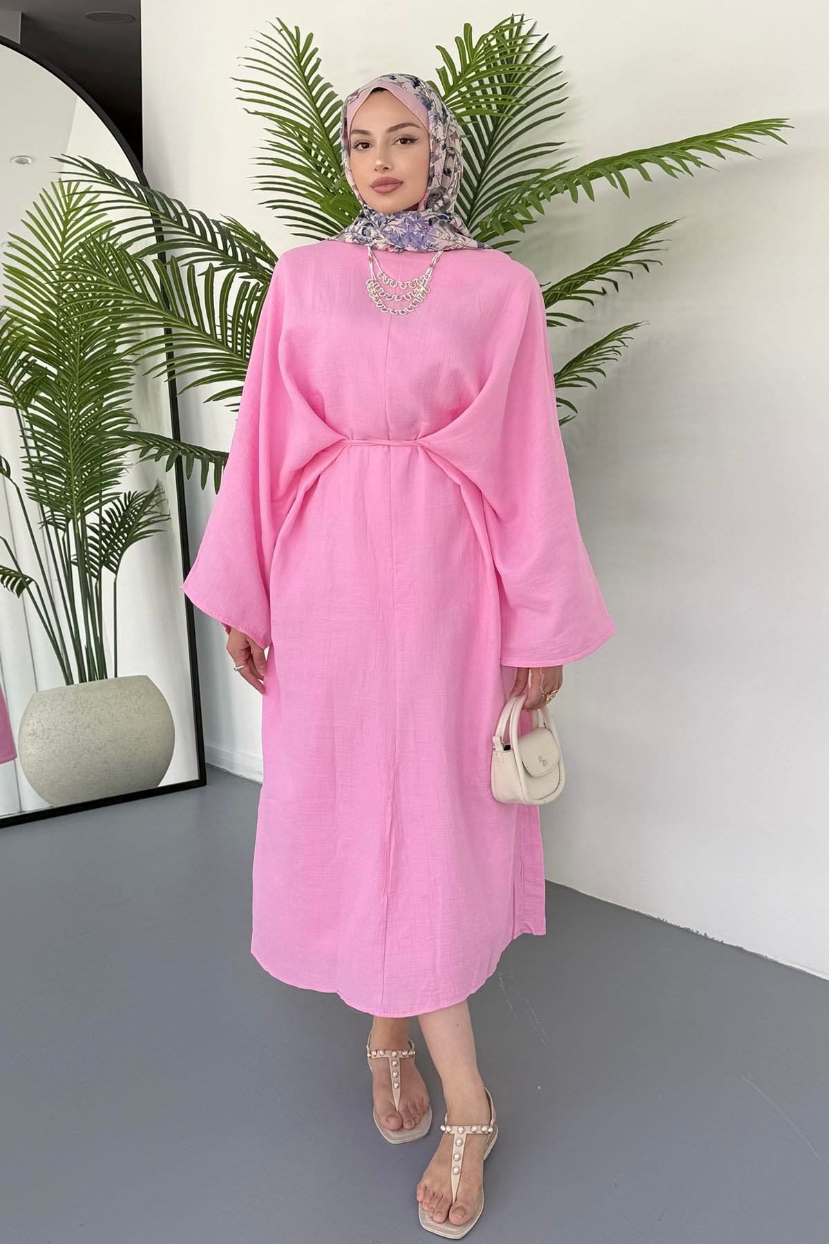 Bağçık Detaylı Oversize Tesettür Elbise-PEMBE