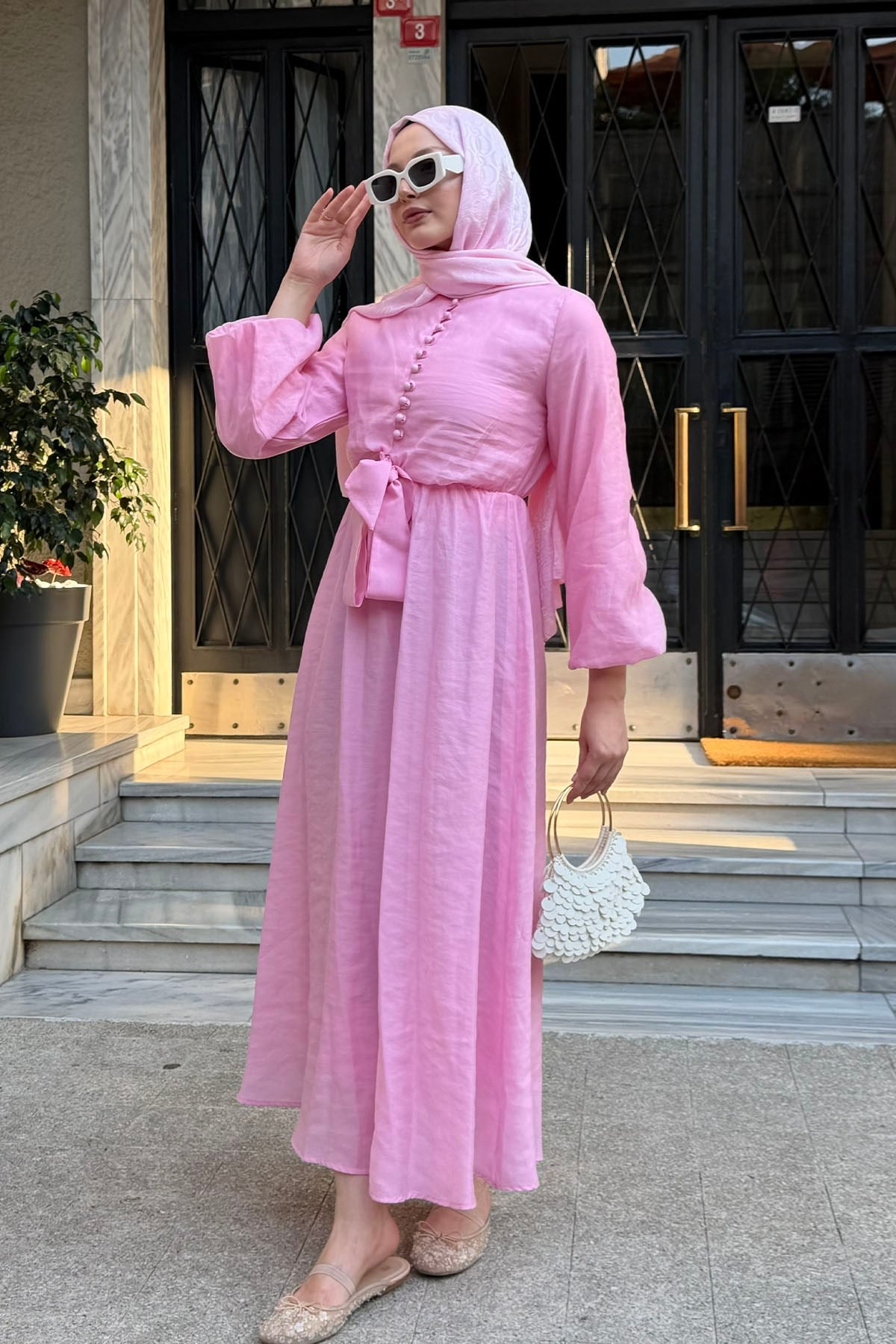 Bağlama Detaylı Balon Kol Tesettür Elbise-PEMBE