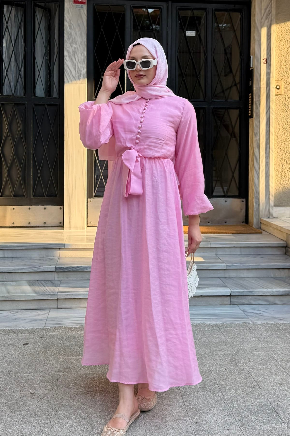 Bağlama Detaylı Balon Kol Tesettür Elbise-PEMBE