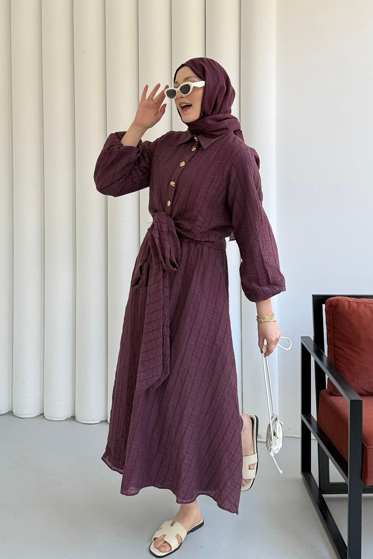 Bağlamalı Gömlek Detay Etekli Tesettür Takım-MÜRDÜM