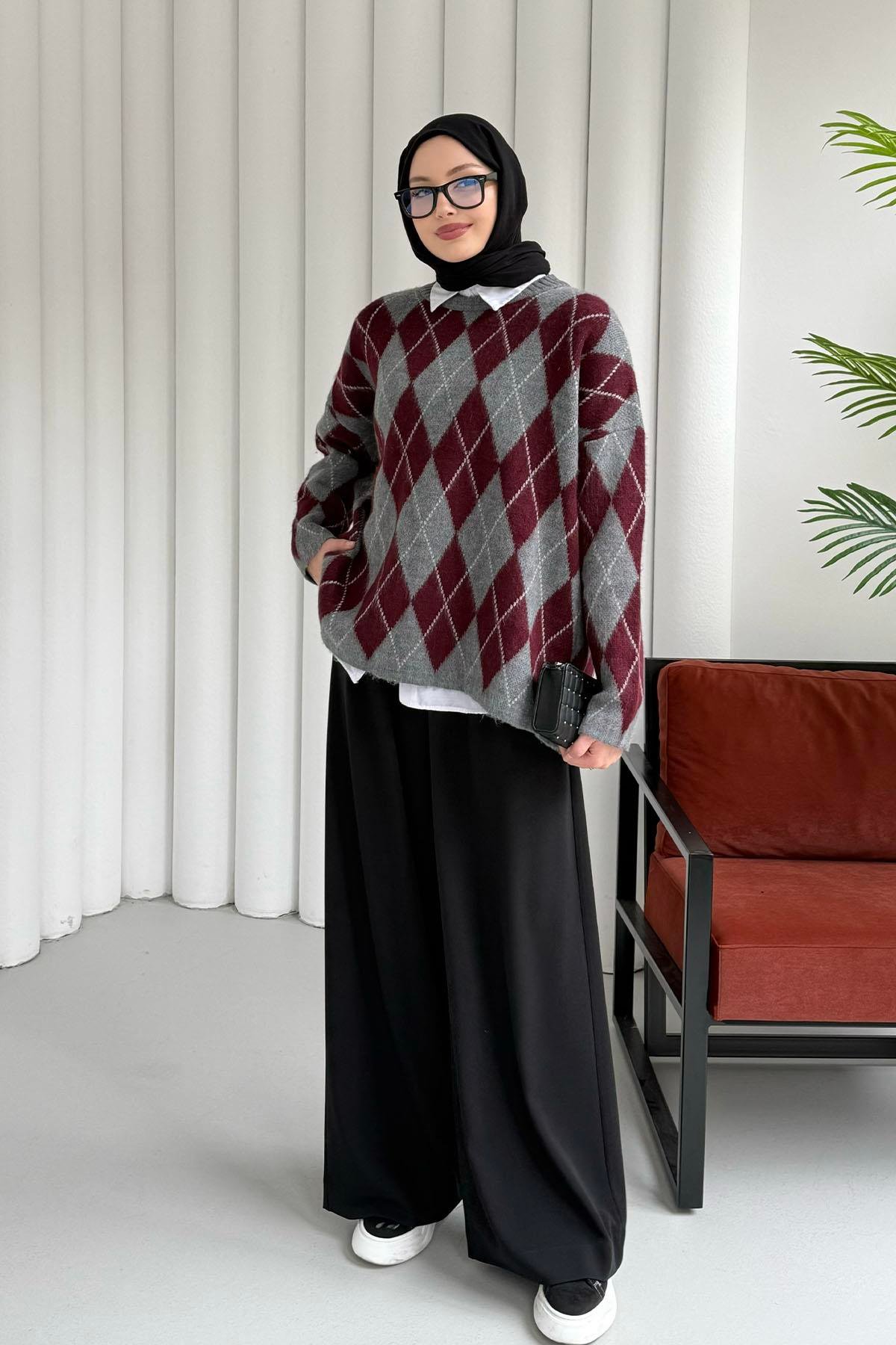 Baklava Desen Triko Kazak-BORDO