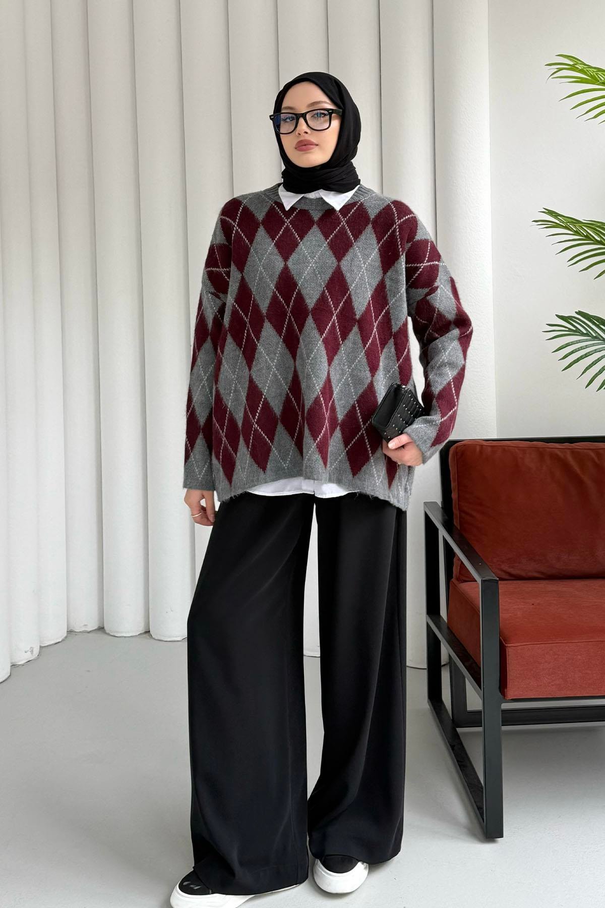 Baklava Desen Triko Kazak-BORDO