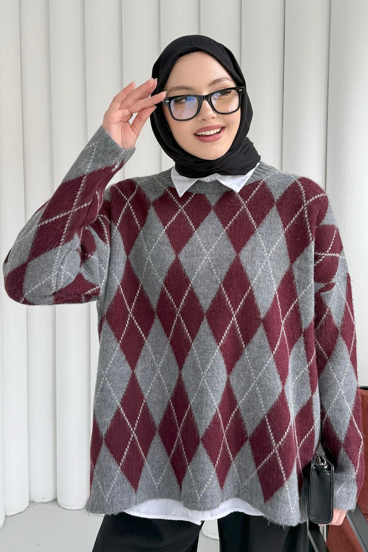 Baklava Desen Triko Kazak-BORDO