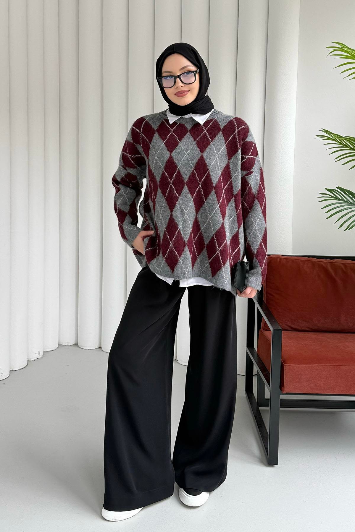 Baklava Desen Triko Kazak-BORDO