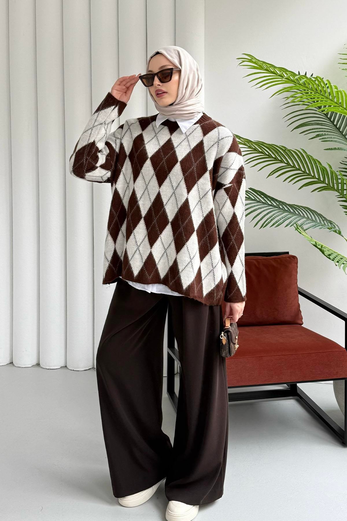 Baklava Desen Triko Kazak-KAHVERENGİ