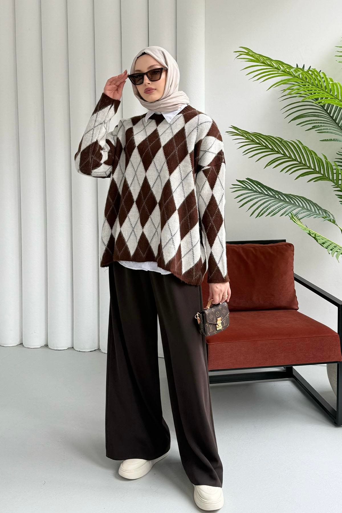 Baklava Desen Triko Kazak-KAHVERENGİ