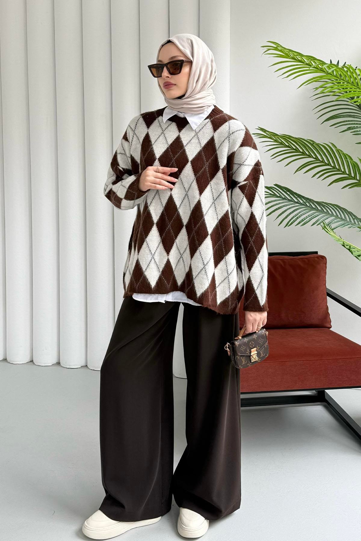 Baklava Desen Triko Kazak-KAHVERENGİ