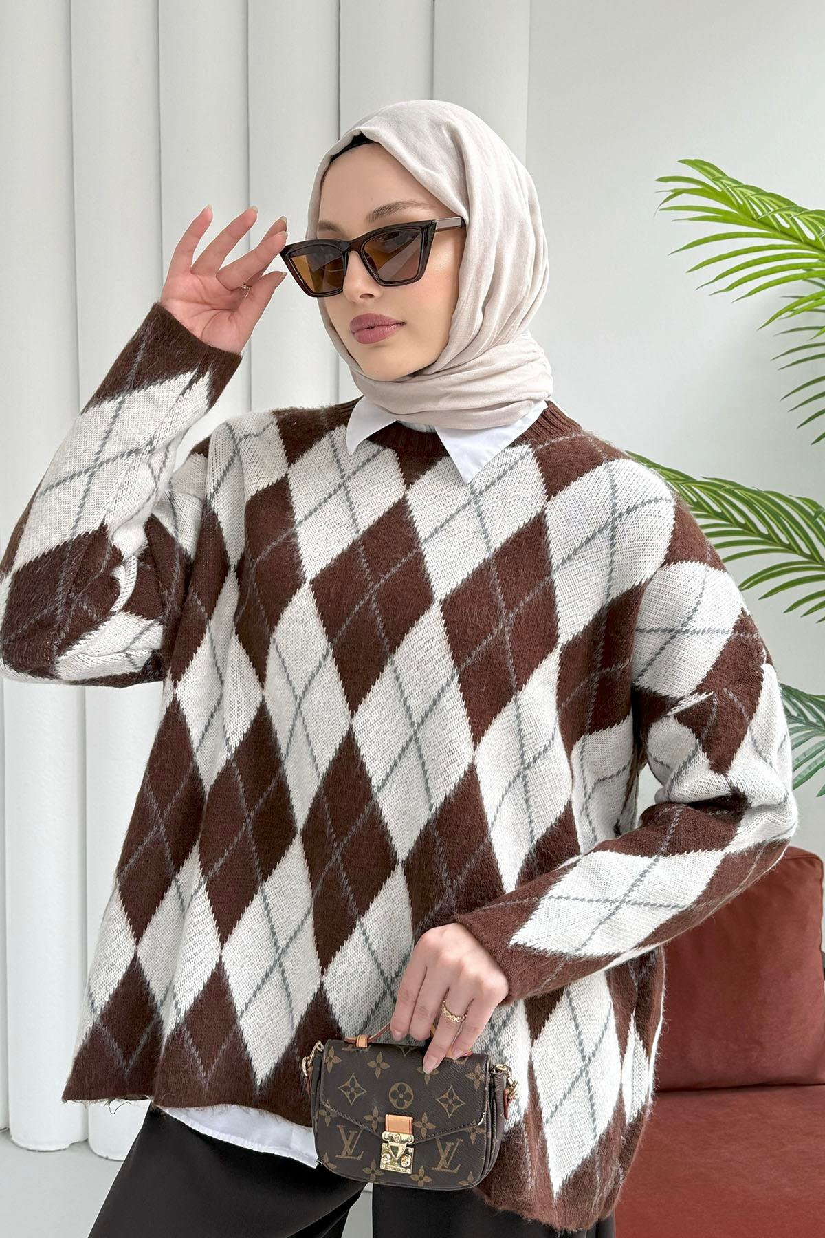 Baklava Desen Triko Kazak-KAHVERENGİ