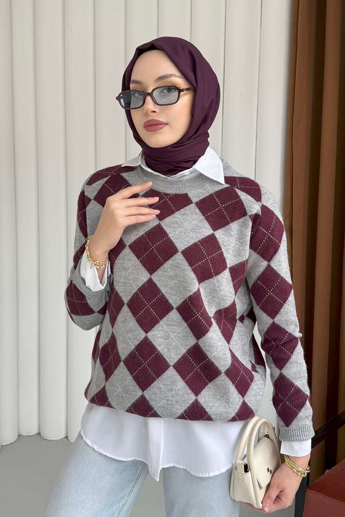 Baklava Desenli Triko Kazak-BORDO