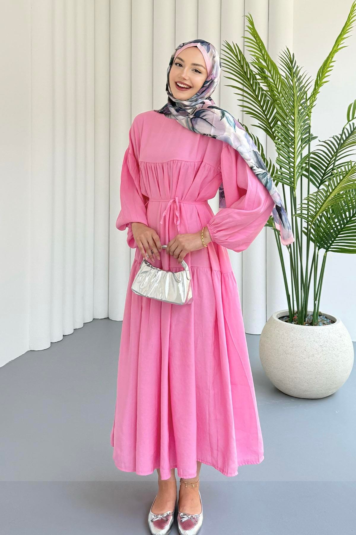Balon Kol Biye Kemerli Tensel Tesettür Elbise-PEMBE