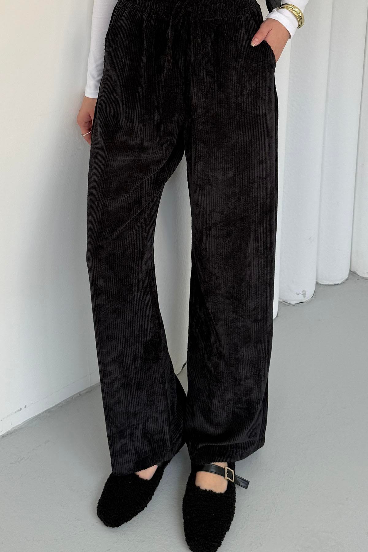 Bel Bağçıklı Kadife Palazzo Pantolon-SİYAH
