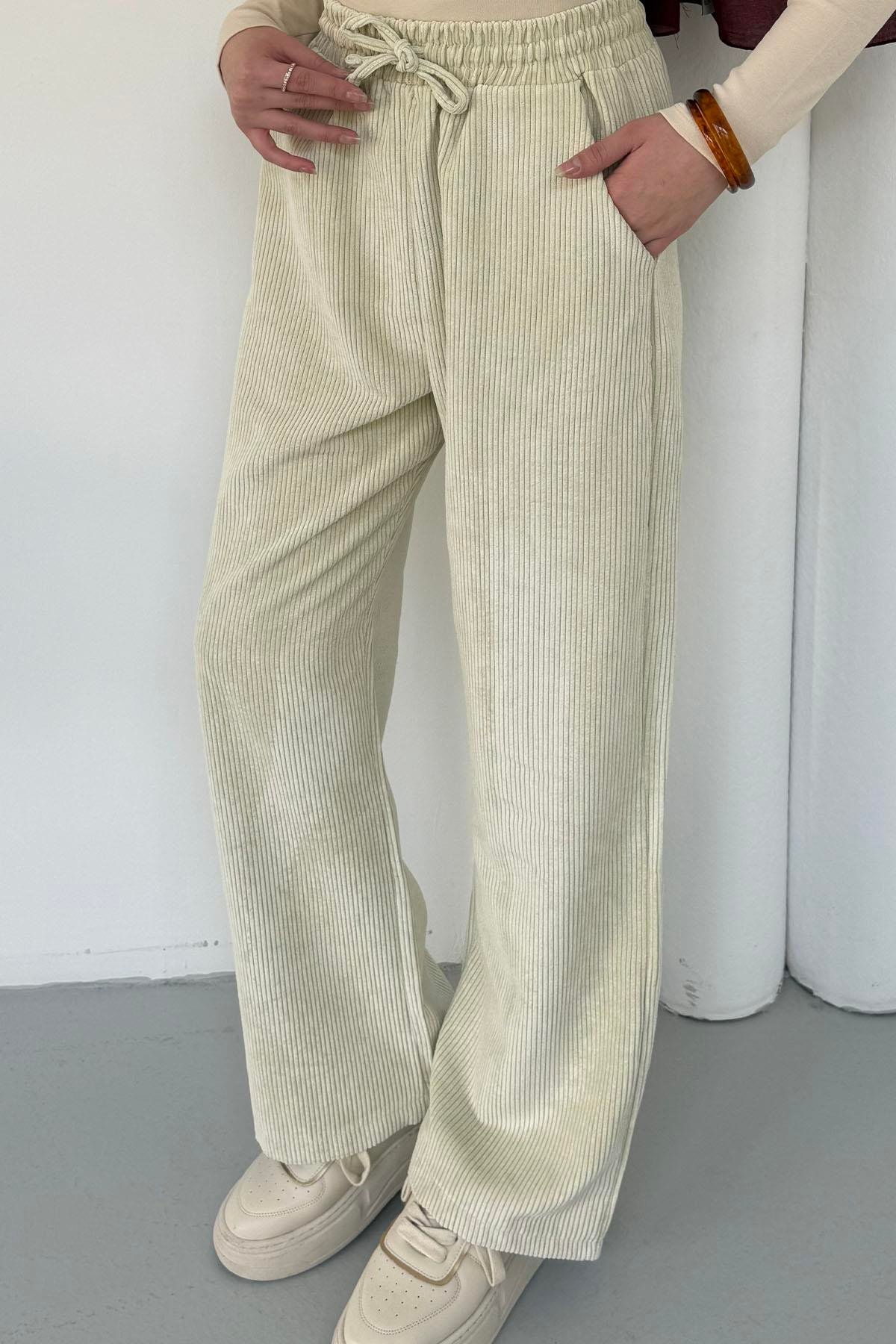 Bel Bağçıklı Kadife Palazzo Pantolon-TAŞ