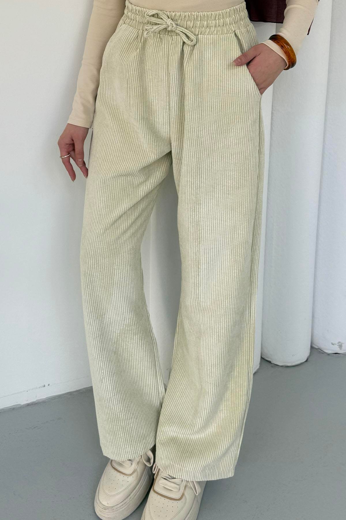 Bel Bağçıklı Kadife Palazzo Pantolon-TAŞ