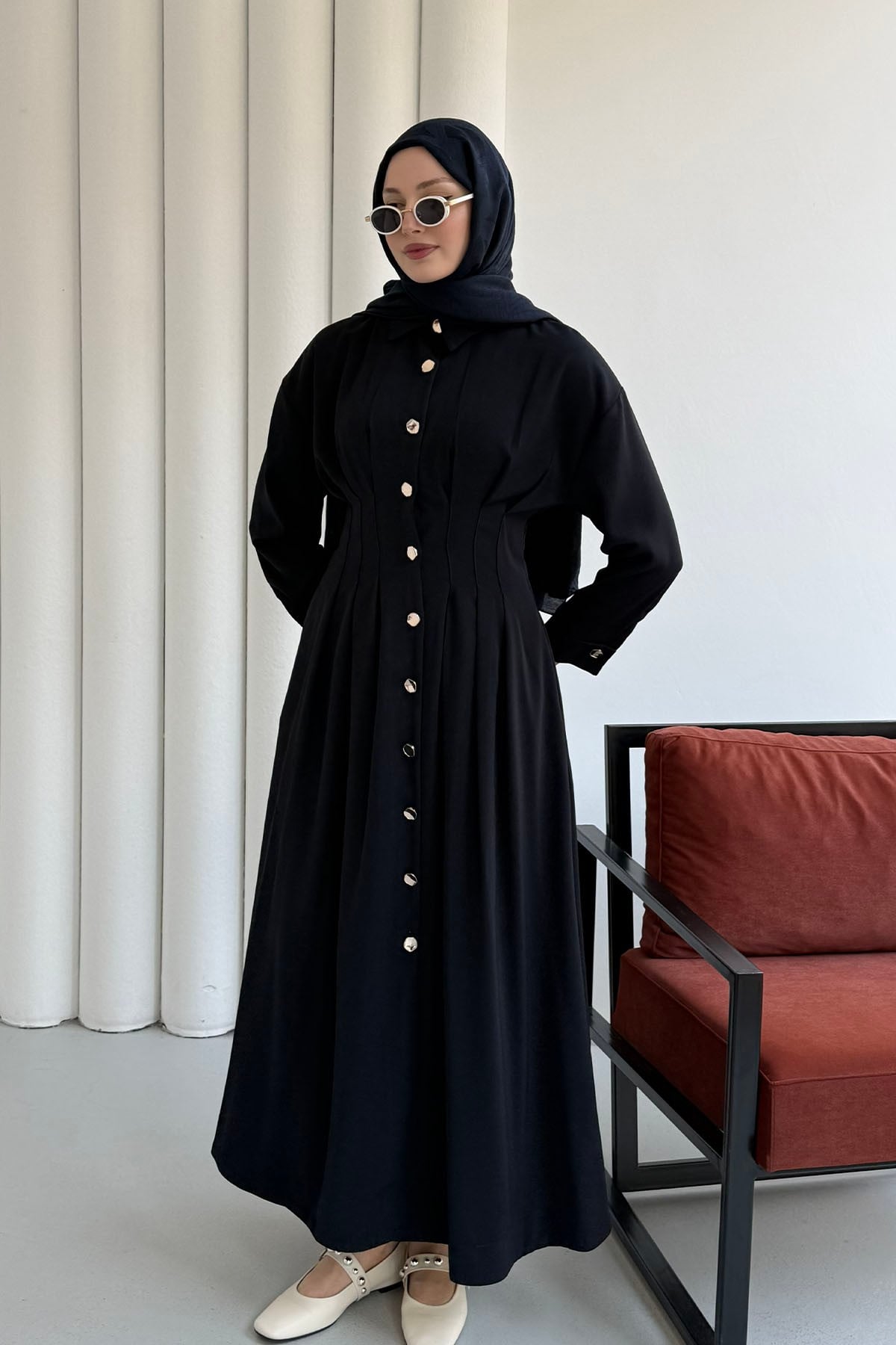 Bel Sason Detaylı Ön Düğmeli Linda Kumaş Tesettür Elbise-LACİVERT