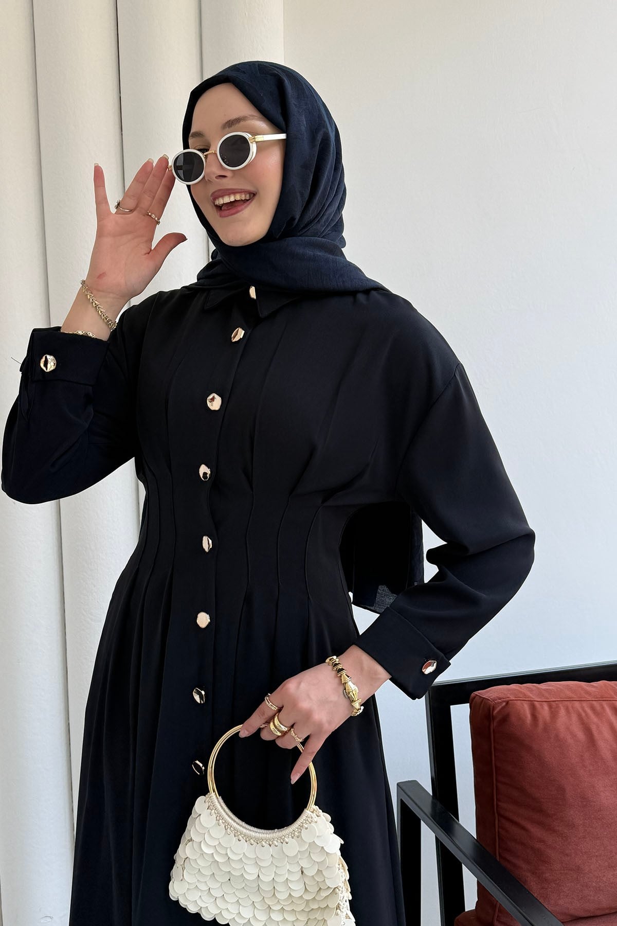 Bel Sason Detaylı Ön Düğmeli Linda Kumaş Tesettür Elbise-LACİVERT