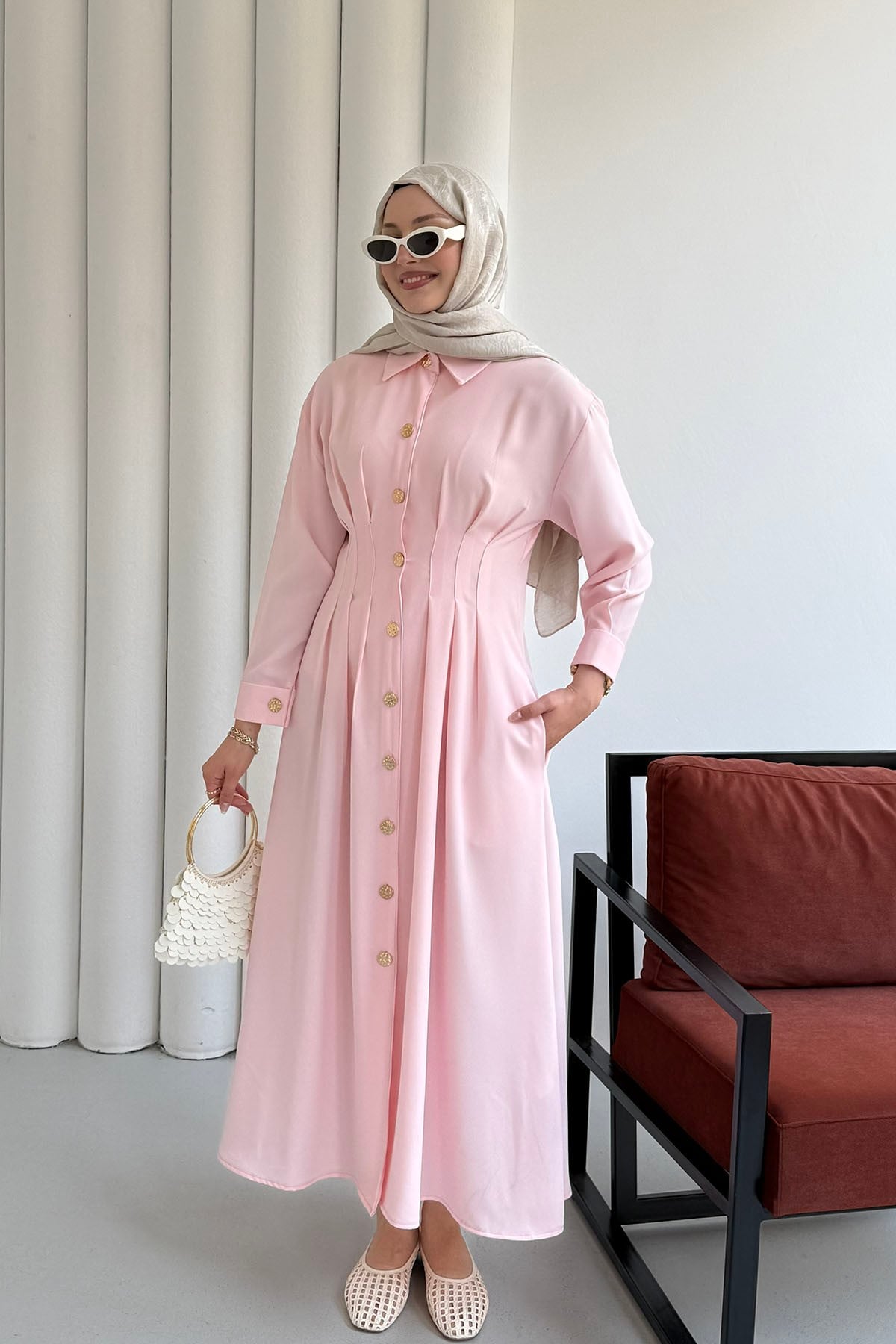 Bel Sason Detaylı Ön Düğmeli Tensel Tesettür Elbise-PEMBE