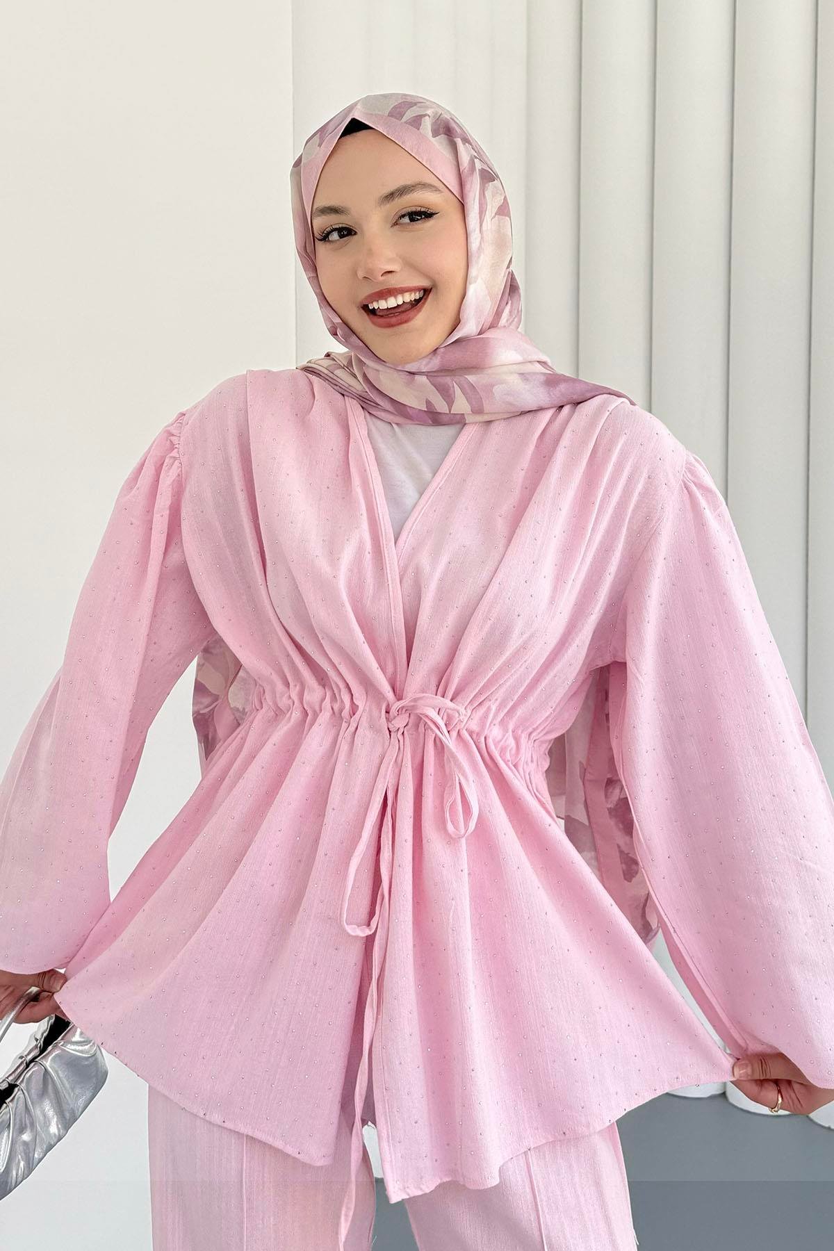Belden Büzgülü Taş Serpmeli Keten Kimino Tesettür Takım-PEMBE