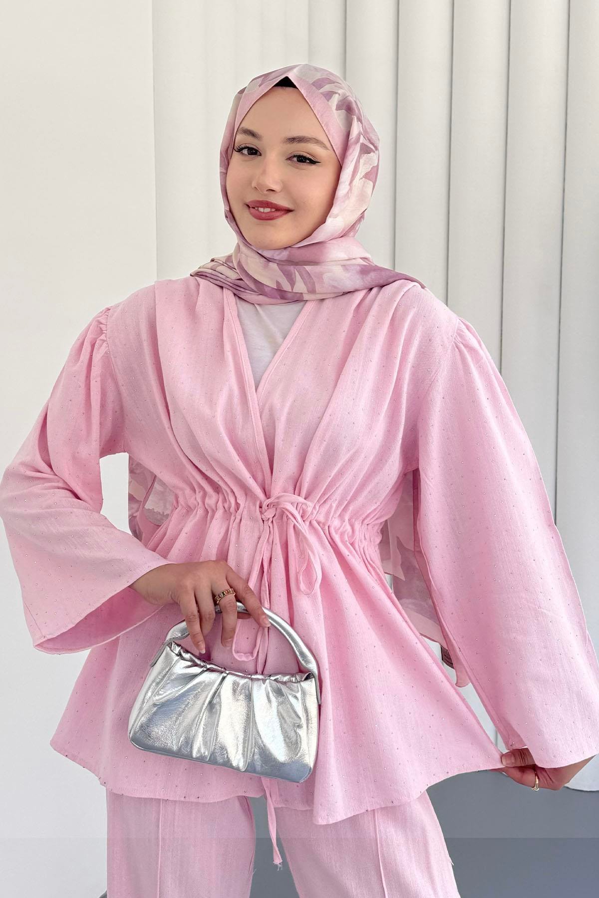 Belden Büzgülü Taş Serpmeli Keten Kimino Tesettür Takım-PEMBE