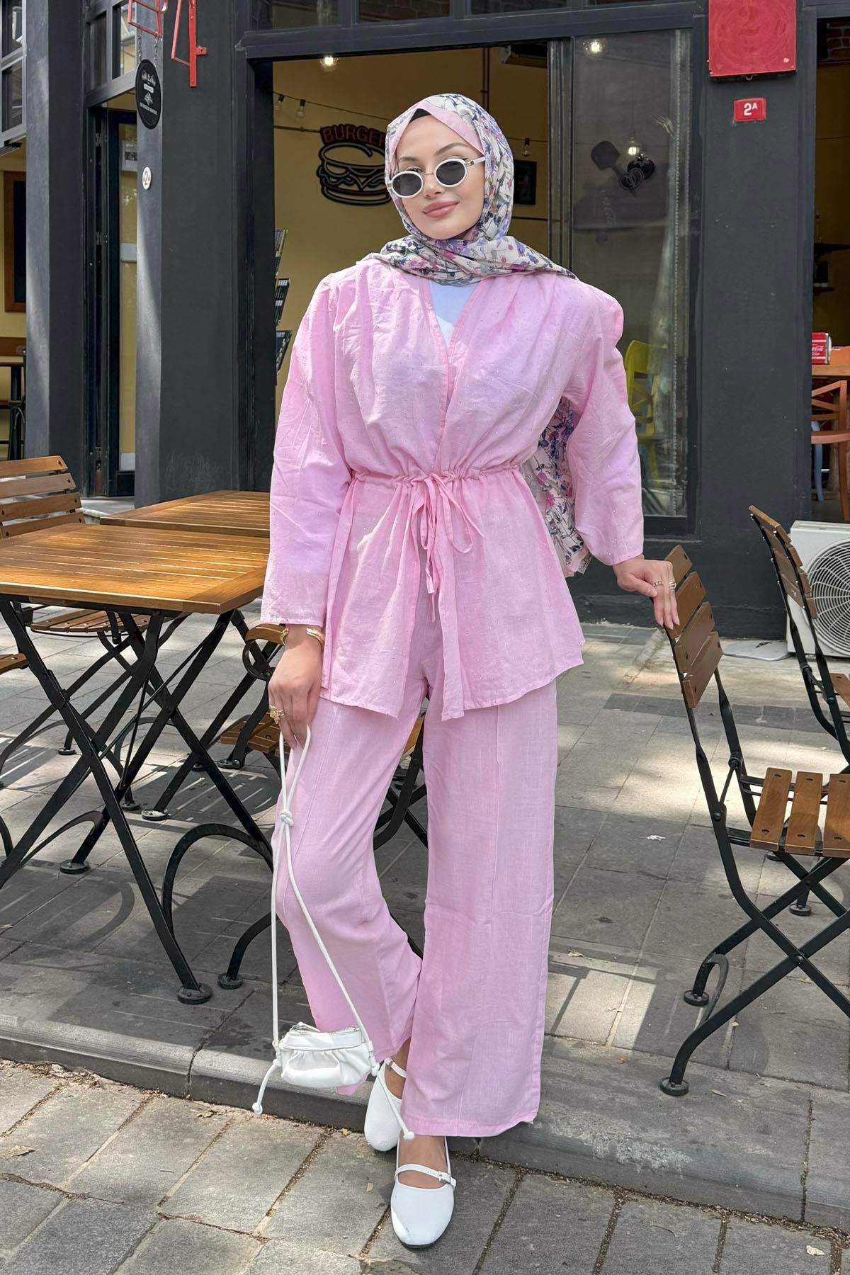 Belden Büzgülü Taş Serpmeli Keten Kimino Tesettür Takım-PEMBE