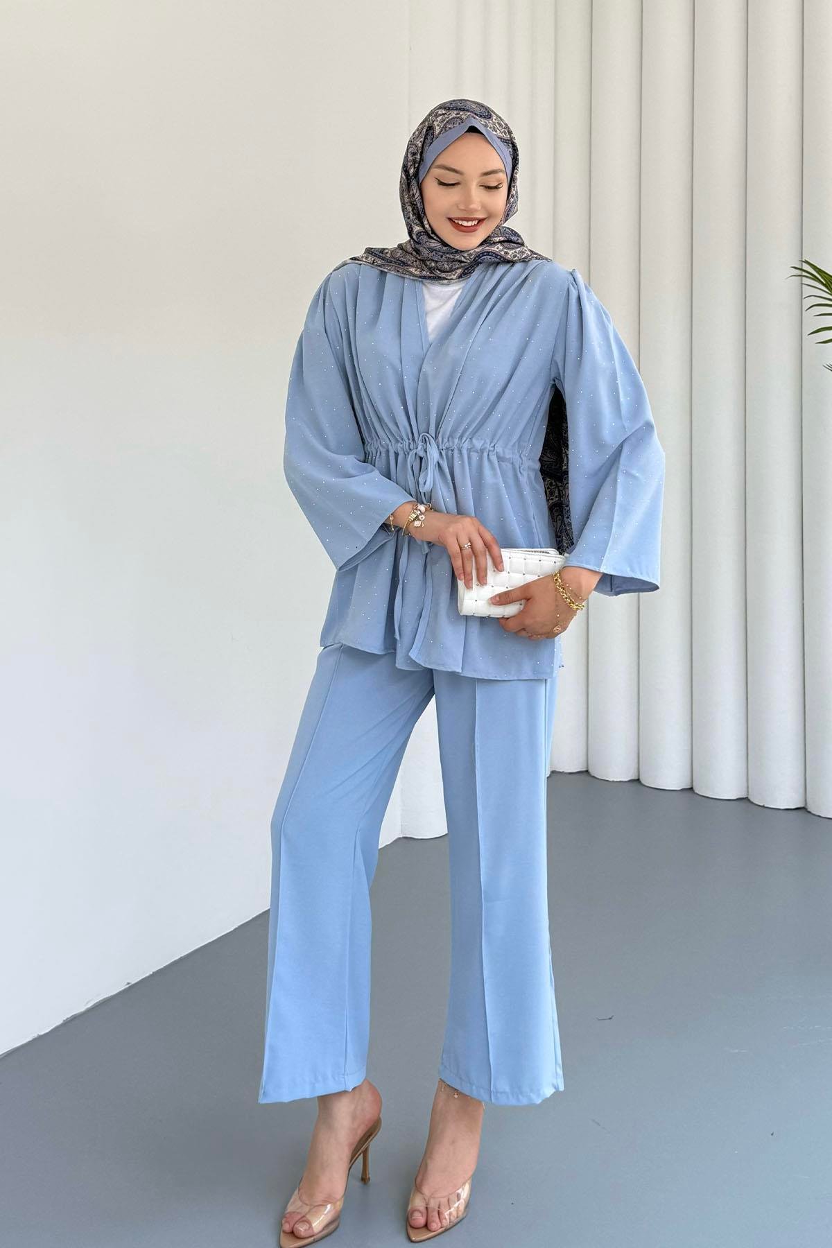 Belden Büzgülü Taş Serpmeli Kimono Pantolon Takım-MAVİ
