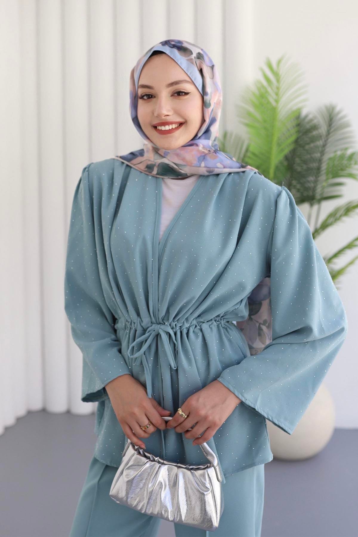 Belden Büzgülü Taş Serpmeli Kimono Pantolon Takım-SU YEŞİLİ