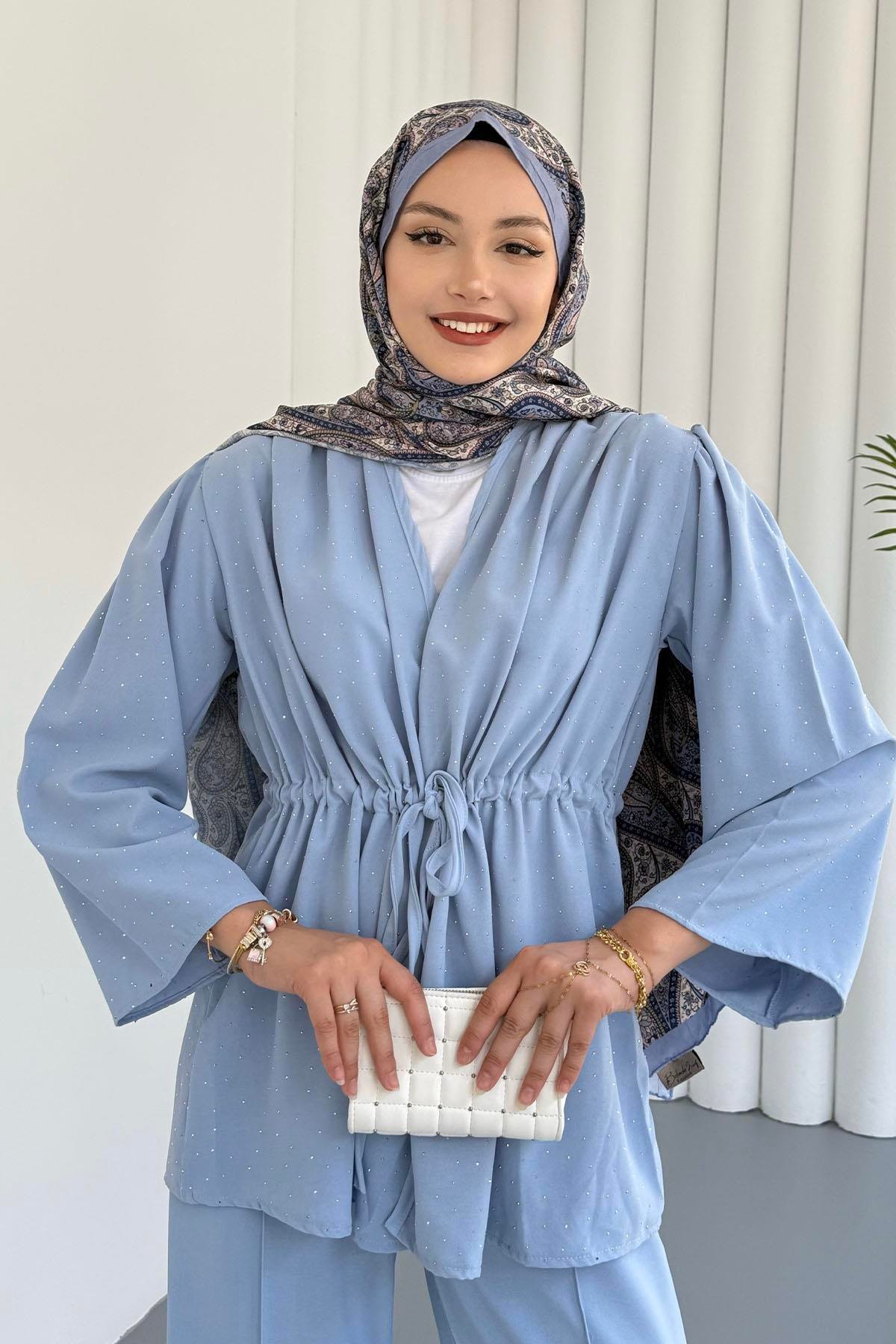 Belden Büzgülü Taş Serpmeli Kimono Pantolon Takım-MAVİ