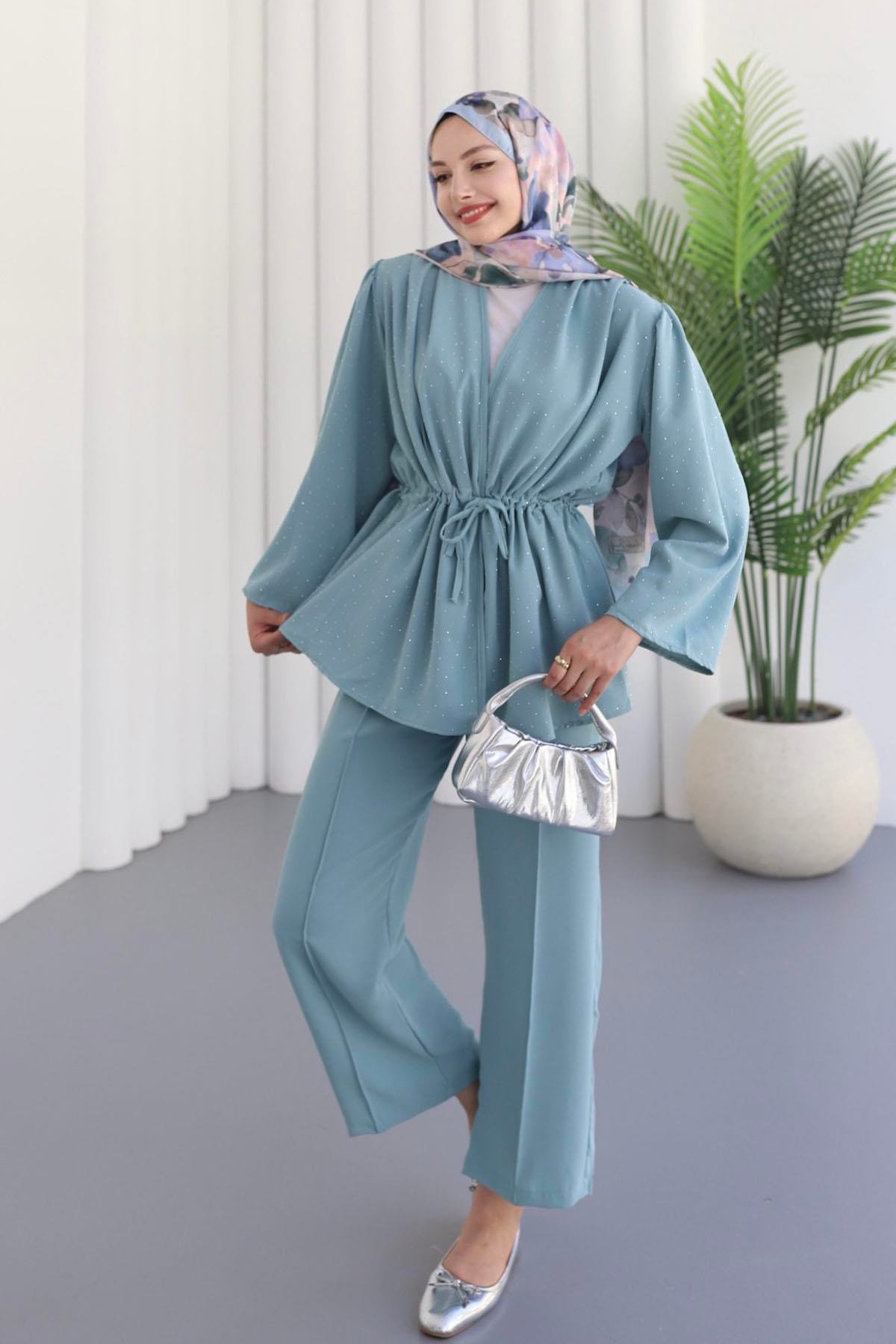 Belden Büzgülü Taş Serpmeli Kimono Pantolon Takım-SU YEŞİLİ