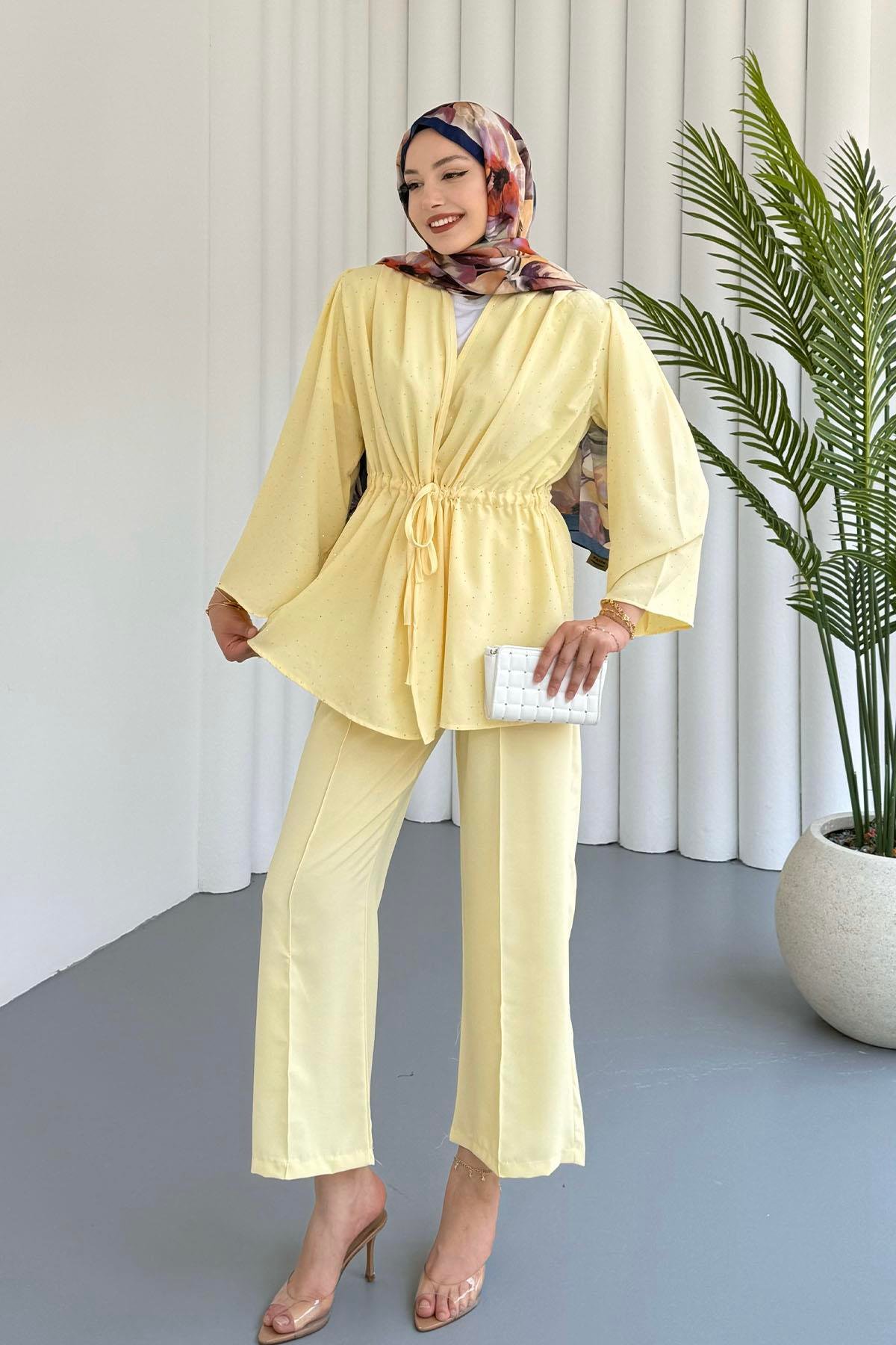 Belden Büzgülü Taş Serpmeli Kimono Pantolon Takım-SARI