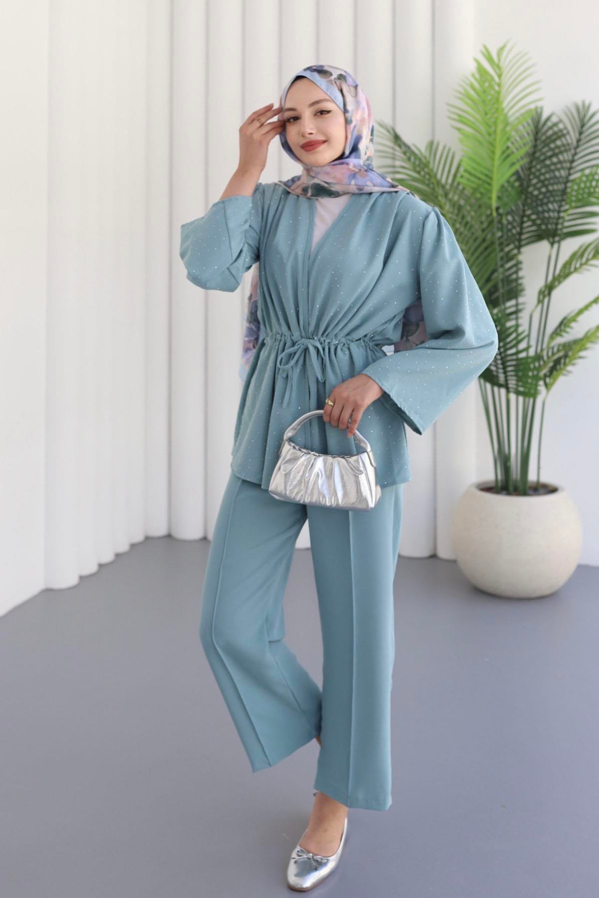 Belden Büzgülü Taş Serpmeli Kimono Pantolon Takım-SU YEŞİLİ