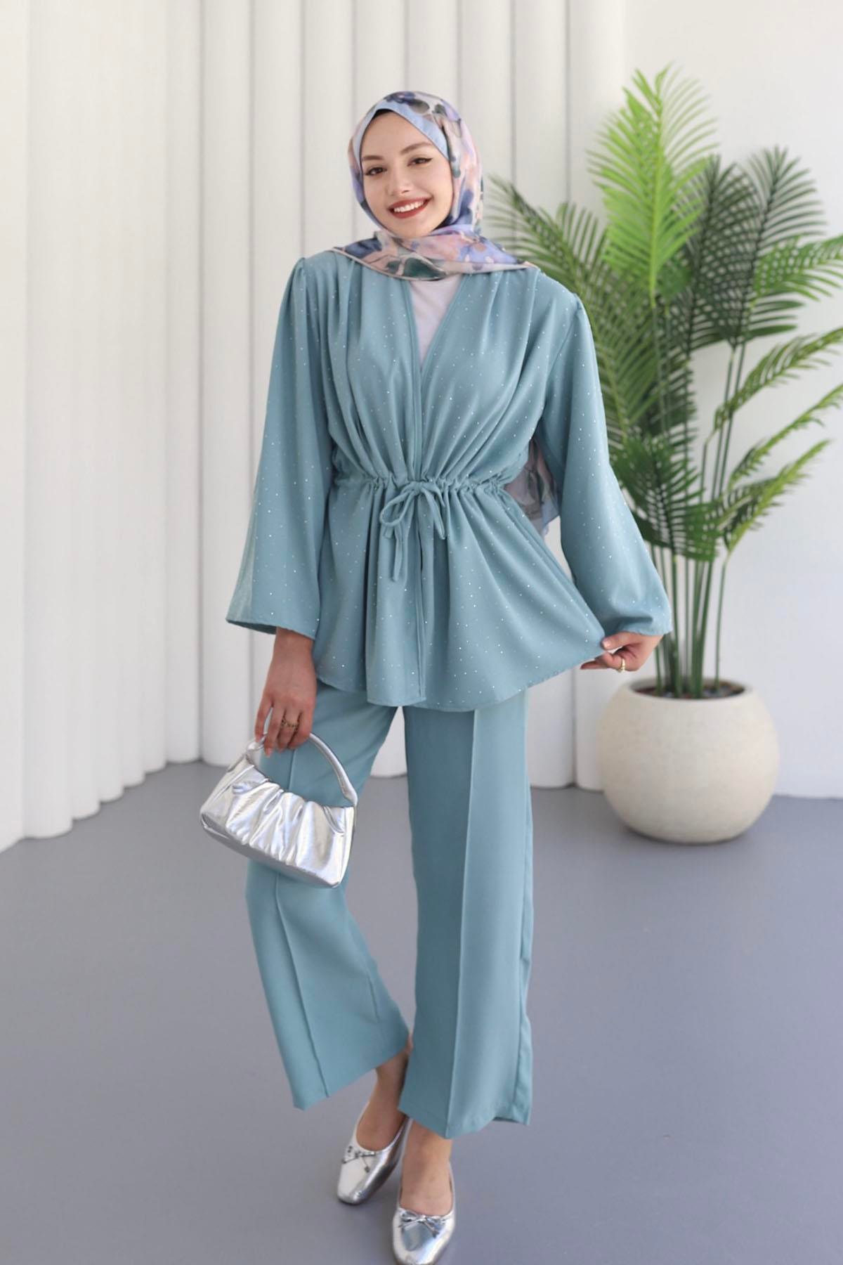 Belden Büzgülü Taş Serpmeli Kimono Pantolon Takım-SU YEŞİLİ